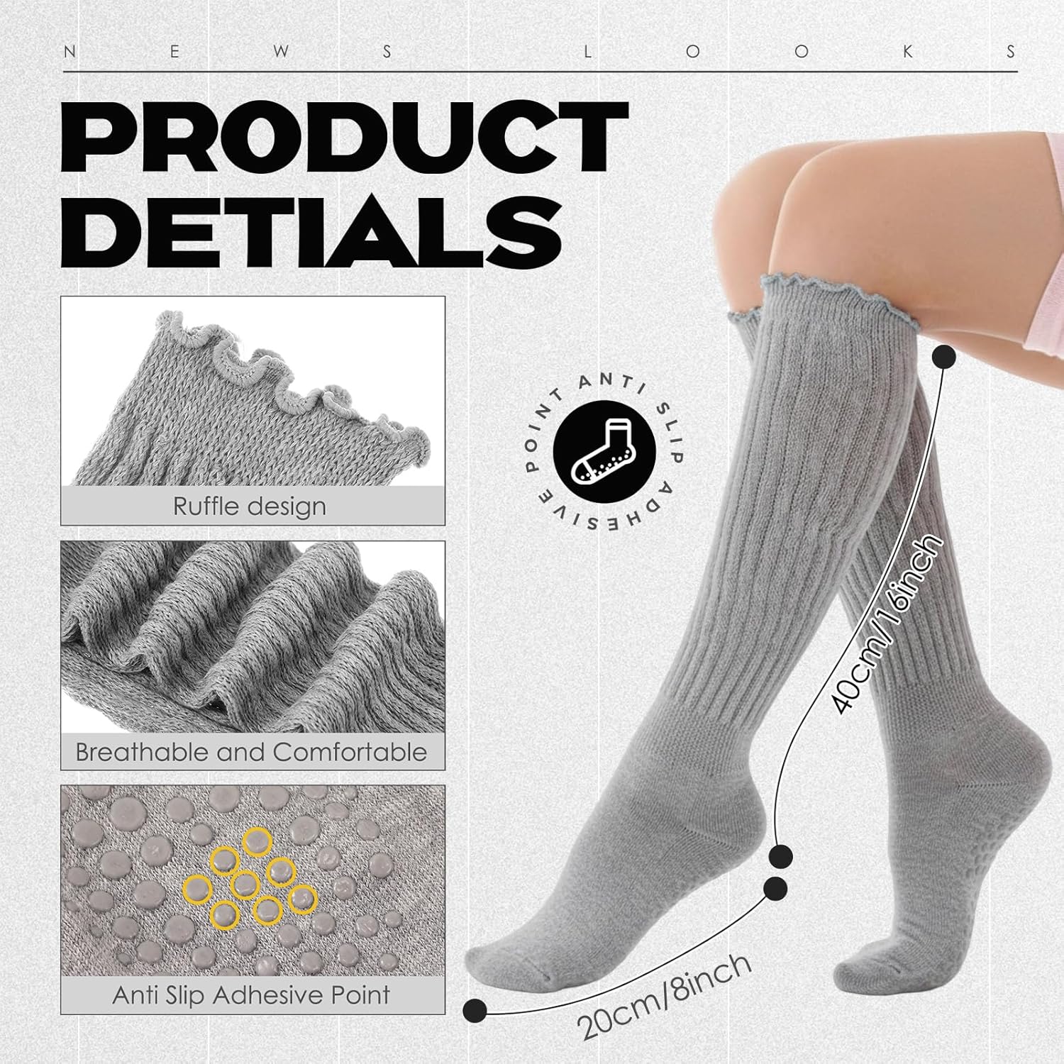 6 Pairs Grip Pilates Ruffle Socks for Women Yoga Grippy Ruffle Long Slouch Sock Non Slip Socks for Barre Hospital - Image 5