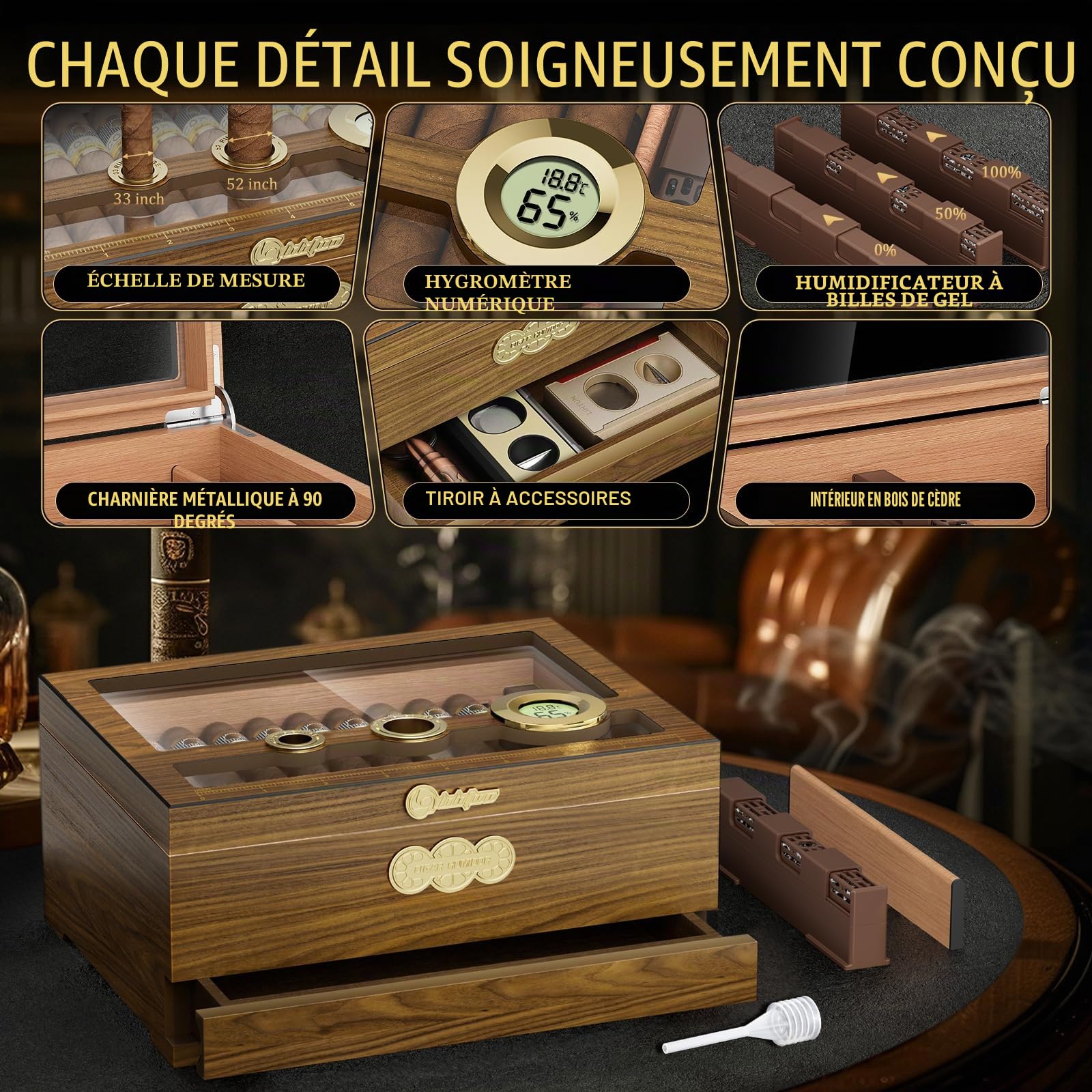LIHTUN Cave à cigare, étui à cigares de bureau avec hygromètre numérique, humidificateur, tiroir d'accessoires de cigare, tiroir et échelle de mesure, boîte à cigares pour homme (Ch-2)