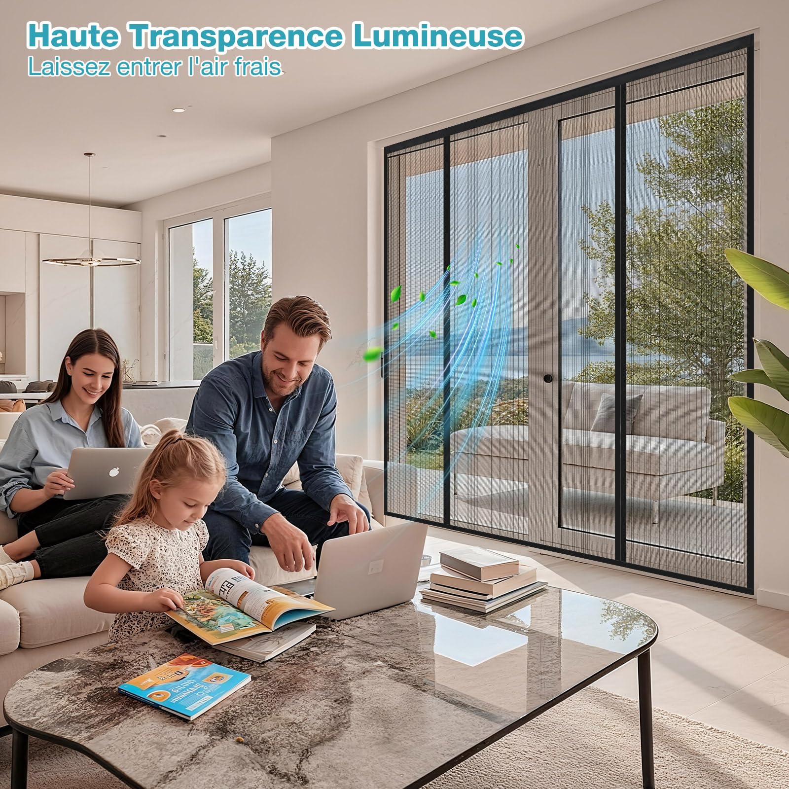 Moustiquaire Porte Fenetre 240x220 cm, Moustiquaire Aimantée Double Ouverture Latérale, Lumière Translucide Fermeture Automatique, pour Entrée Balcon Patio Porte Fenêtre, Noir