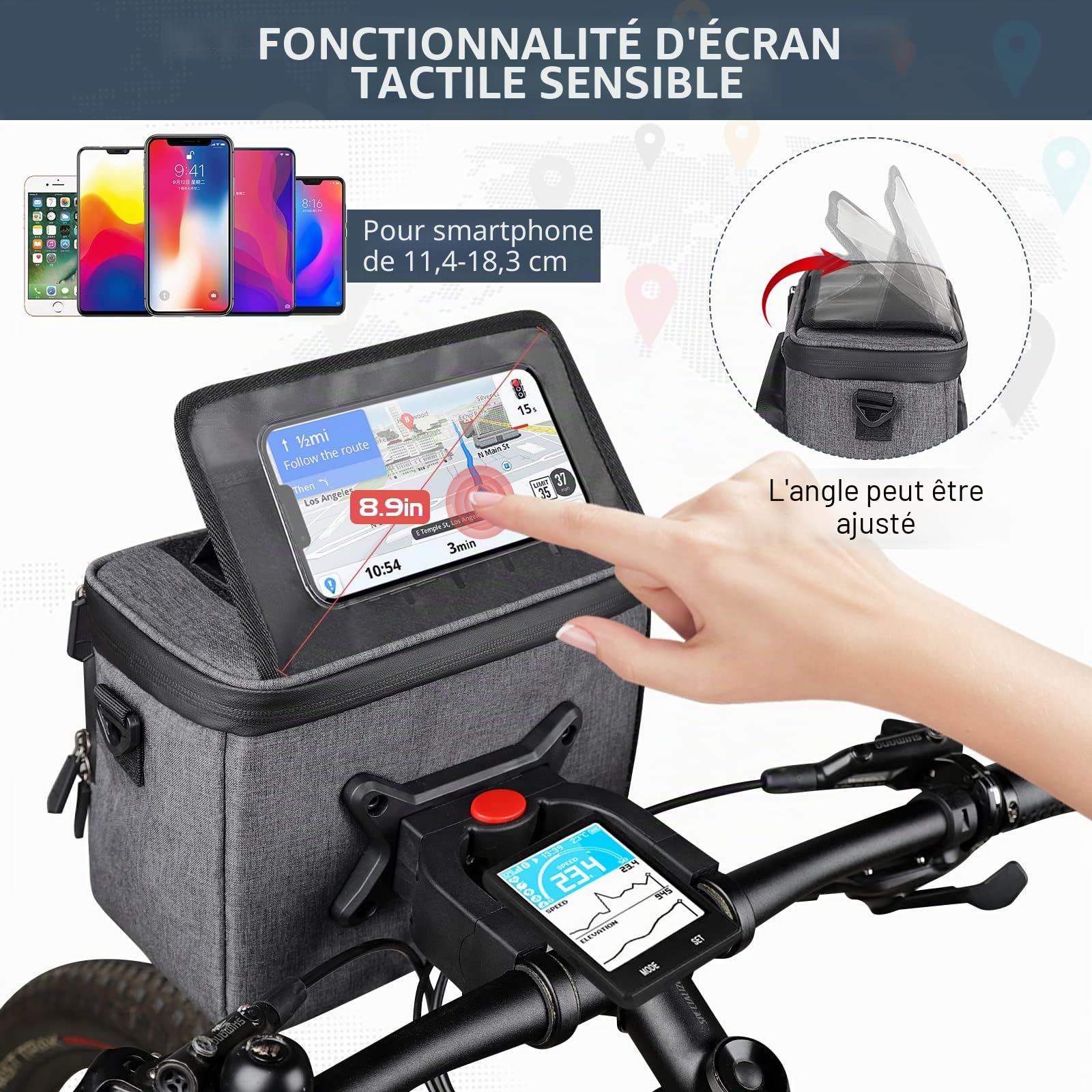 HASAGEI Sacoche de Guidon de vélo 5 l avec écran Tactile - Support de téléphone Portable - Étanche pour Tous Les téléphones Portables