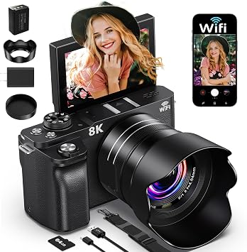 8K Digital Camera, 88MP Cameras for Photography, WiFi Vlogging Camera for YouTube with 3" 180 Flip Screen, 18X Zoom UHD Autofocus Video Camara with Lens Hood, 64GB Card