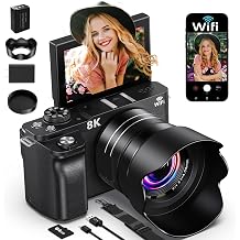 8K Digital Camera, 88MP Cameras for Photography, WiFi Vlogging Camera for YouTube with 3" 180 Flip Screen, 18X Zoom UHD Autofocus Video Camara with Lens Hood, 64GB Card