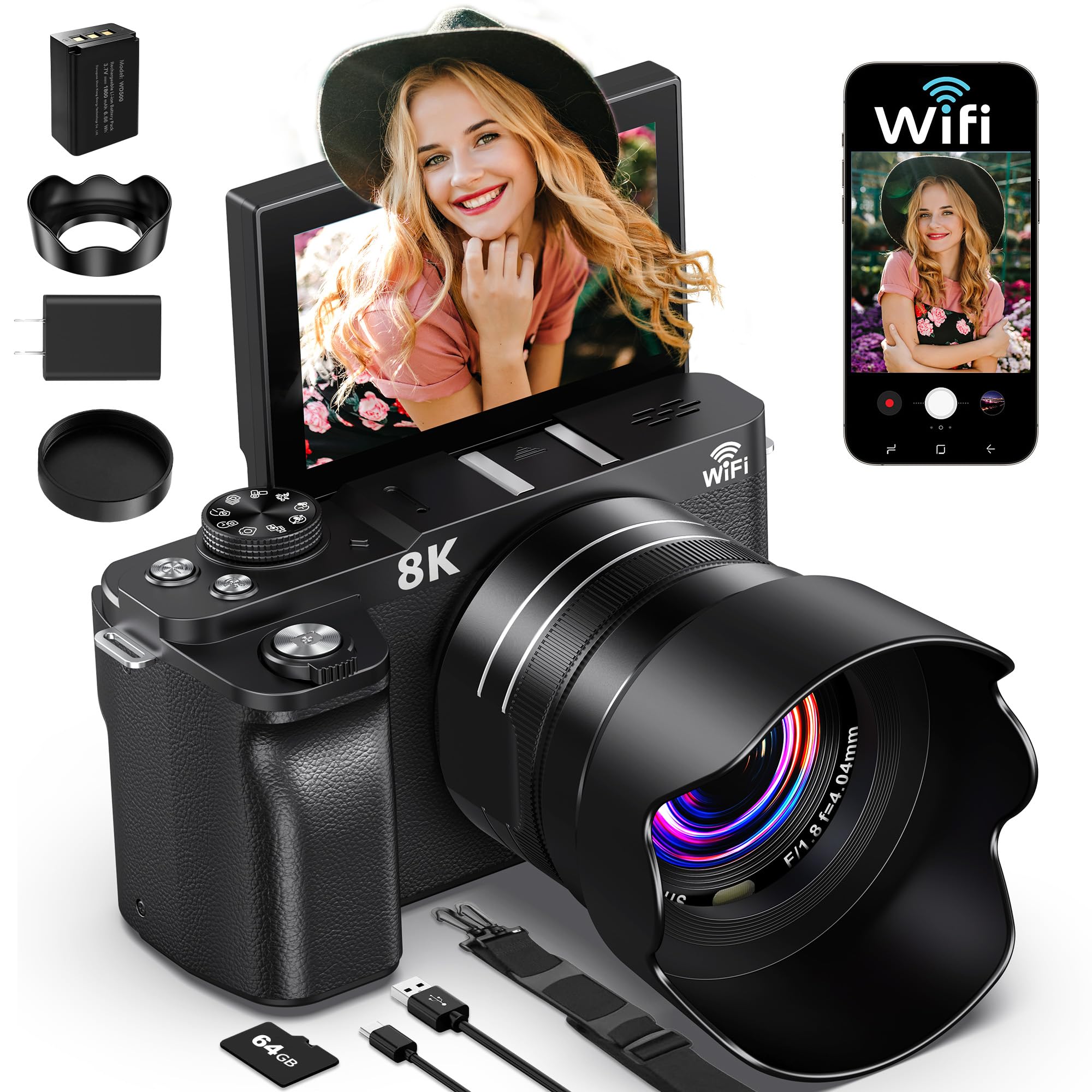 8K Digital Camera, 88MP Cameras for Photography, WiFi Vlogging Camera for YouTube with 3" 180° Flip Screen, 18X Zoom UHD Autofocus Video Camara with Lens Hood, 64GB Card-image-38