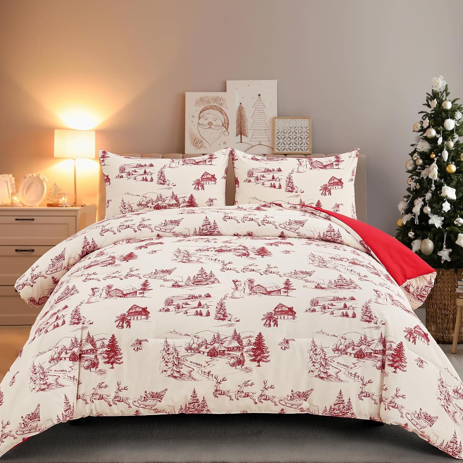 Yiran Queen Red Christmas Comforter Set Christmas Tree Snowman Village Gifts Comforter Soft Microfiber Bedding Set 90"x90" Red Queen 90"×90"
