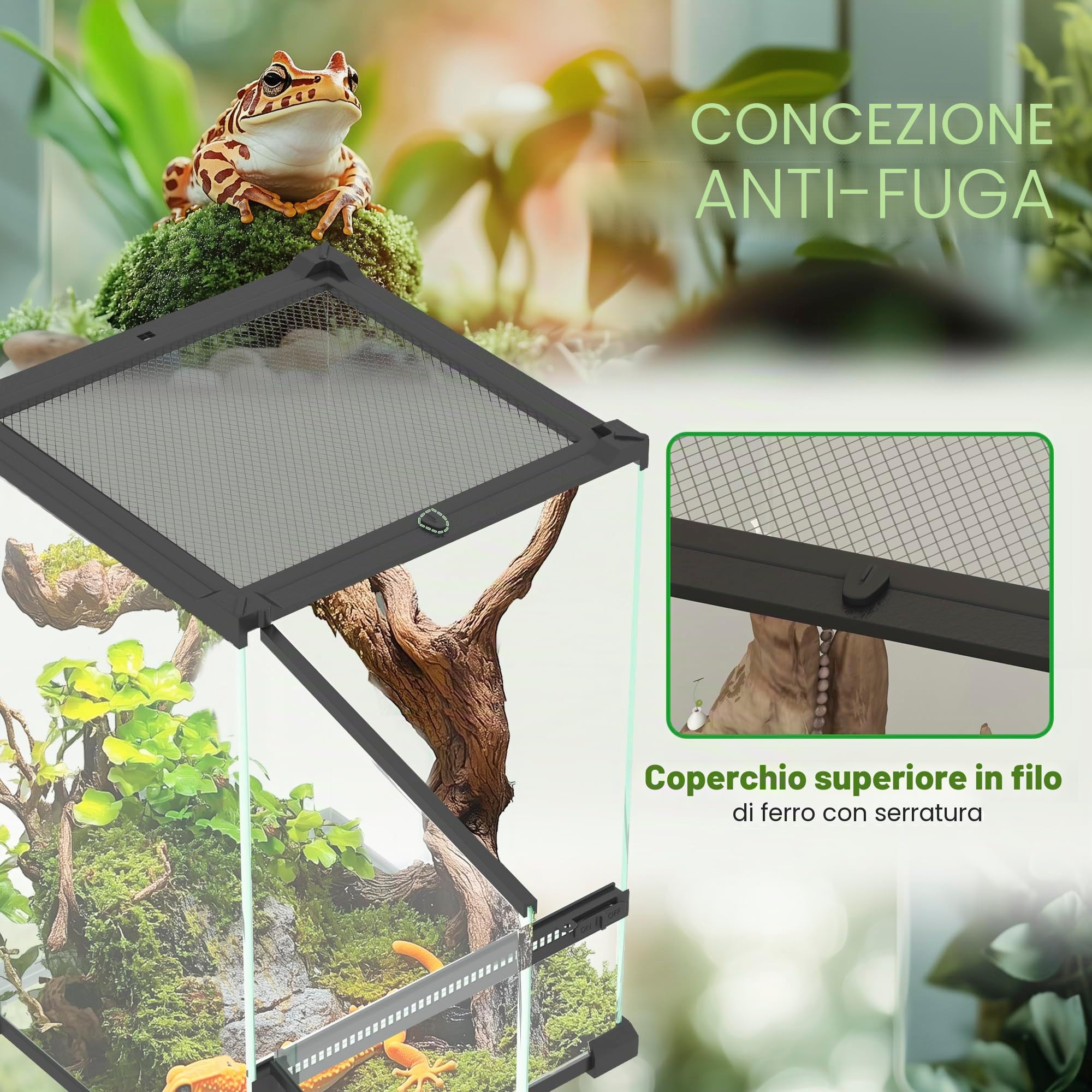 PawHut Terrario in Vetro per Rettili Vivarium 12 L Allevamento di Rettili con Coperchio in Rete Metallica per Rane, Serpenti, Tartarughe, 20 x 20 x 30 cm, Nero
