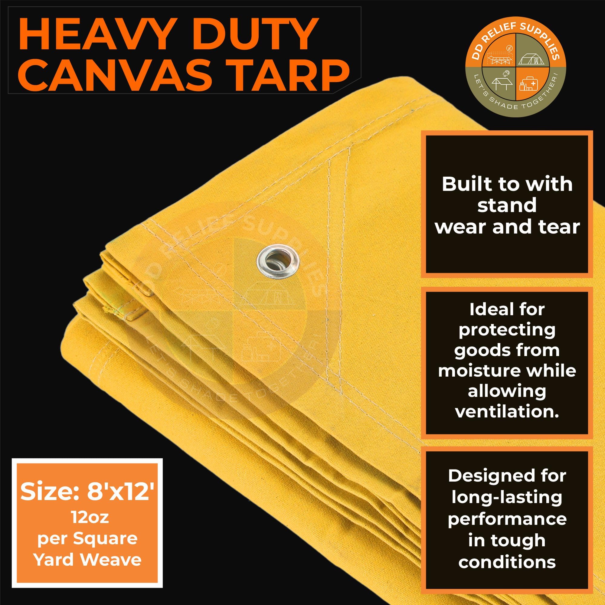 DDRS Heavy Duty Waterproof Canvas Tarp – 10x12 ' 24 oz, Tan with Grommets | Durable Multipurpose Cover for Camping, Canopies, Tents, Trailers, Machinery & Equipment