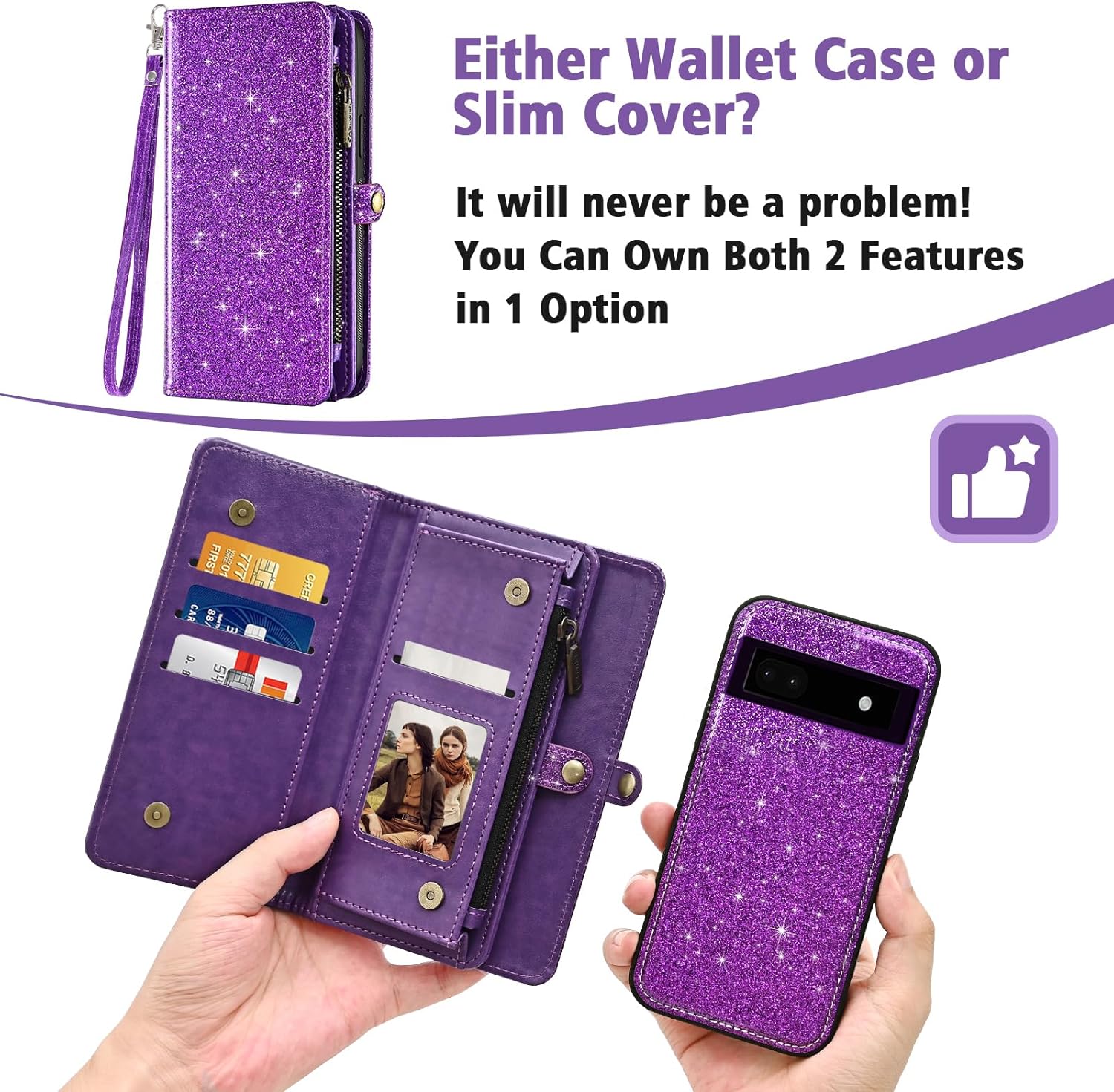 Asuwish Phone Case for Google Pixel 6A 5G 2022 Zipper Wallet Detachable Cell Cover with Tempered Glass Screen Protector Lanyard Wrist Strap Flip Credit Card Holder Slot Pixel6A A6 Women Men Purple