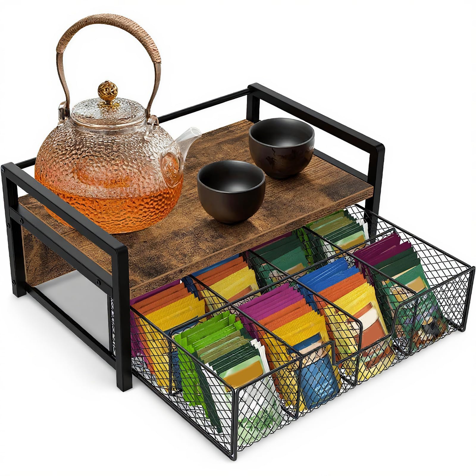 HTU Teedose Station Truhen Präsentationsbehälter mit Schublade Teebox Organizer 8 Fächer for Home Office Hotel Küchentheke