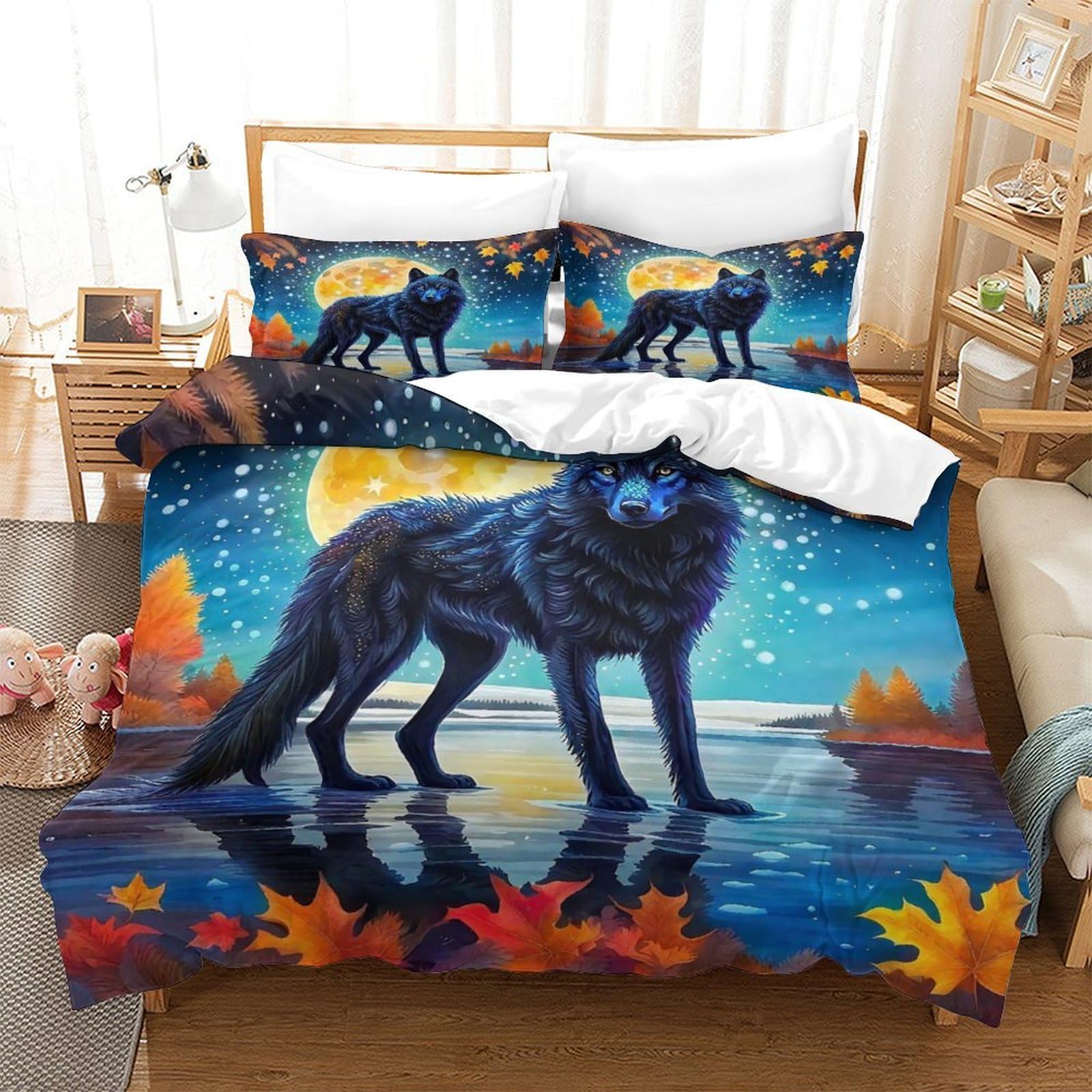 Parure de lit loup 3D Super King 260x220 en microfibre avec housses d'oreillers fantaisie