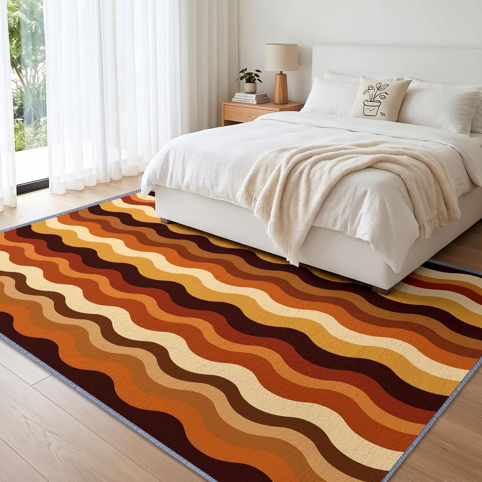 Tappeto in stile retrò chic anni '70 per soggiorno, 120 x 170 cm, a righe ondulate tono terroso, per camera da letto, morbido, a pelo corto, antiscivolo, tappeto classico per sala da pranzo, ufficio