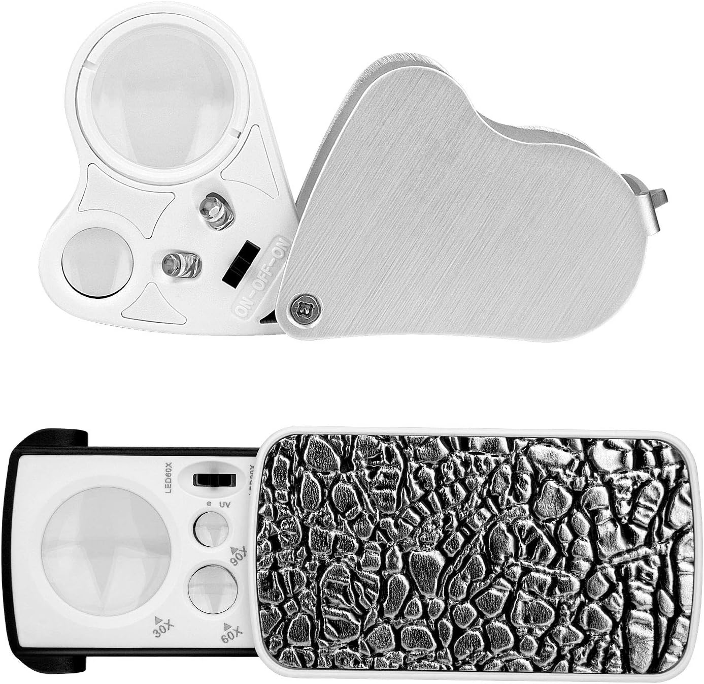 2 Packs Jewelersโ Loupe, 30X 60X 90X Illuminated Jewelers Eye Loupe Magnifier, Portable Loupe Magnifier with UV Black Light for Jewelry, Coins, Gems, Stamps