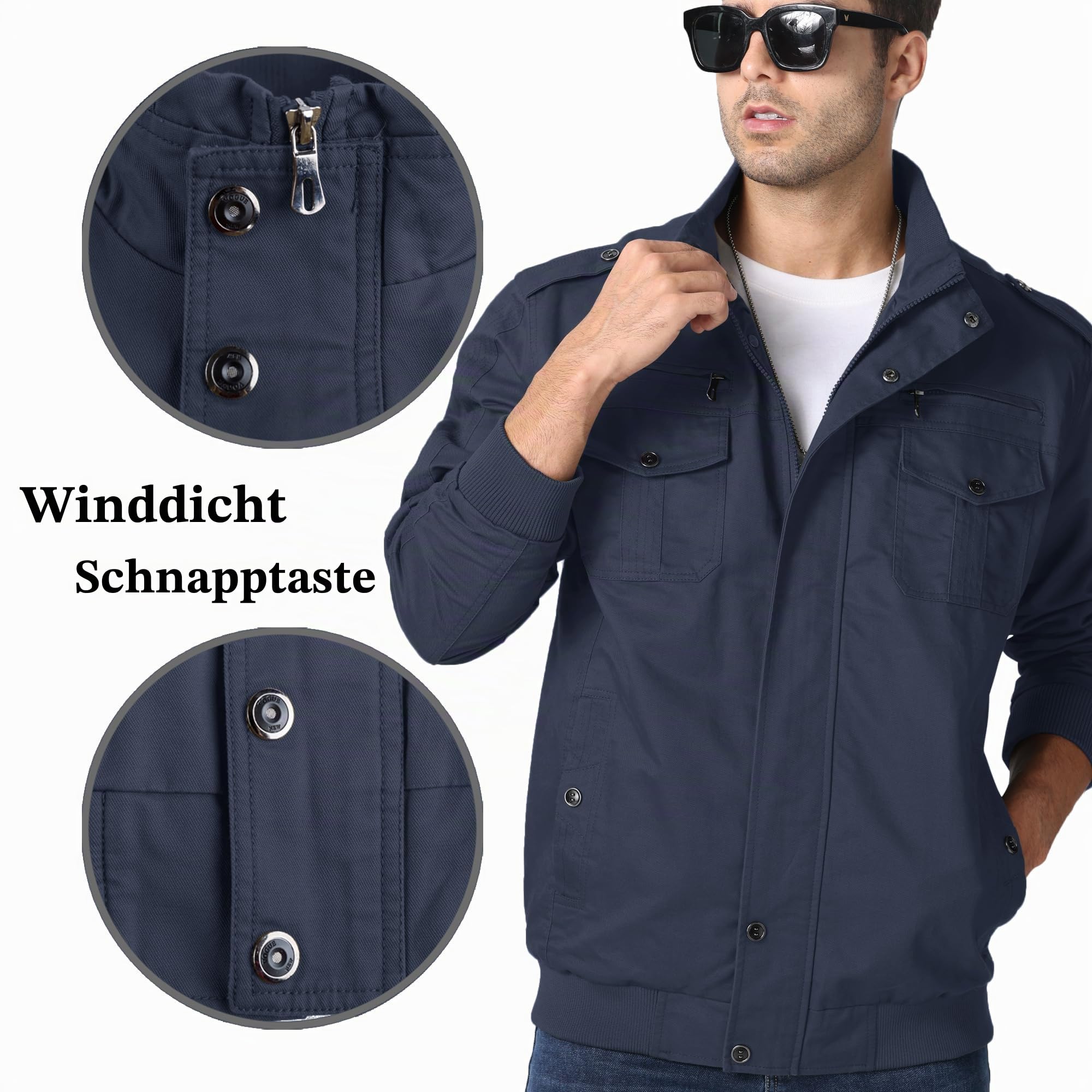 KEFITEVD Herren Übergangsjacke Leicht Herbstjacke Fliegerjacke Stehkragen Bomberjacke Baumwolle Army Feldjacke Cargo Jacke