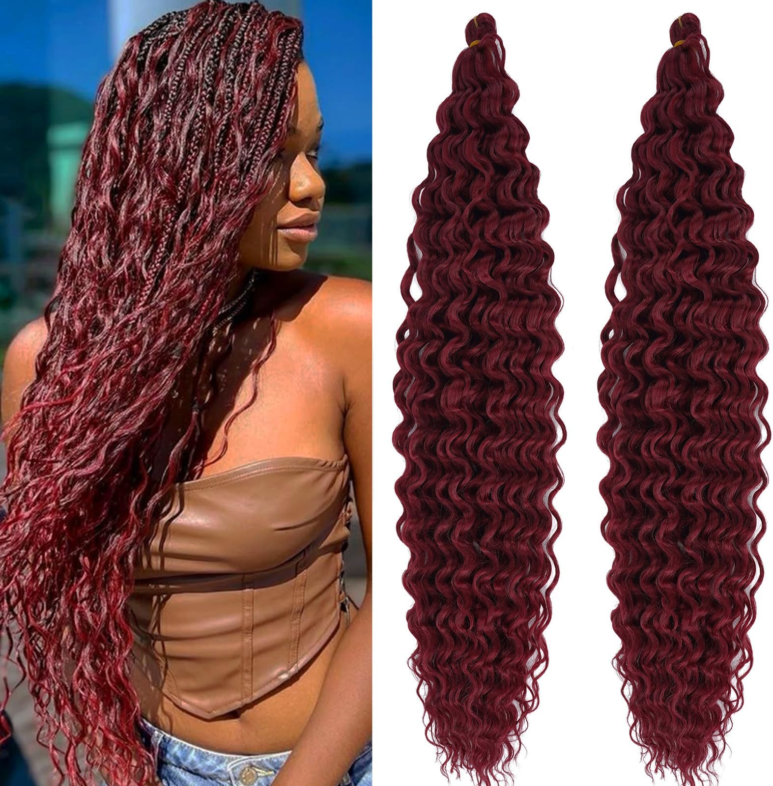 Deep Ocean Wave Crochet Hair Extensions for Boho Braids Ocean Wave Wavy Braiding Hair Burgundy Box Braids 24 Inch Synthetic Soft Curls Burgundy Boho Hair for Braiding Black Women