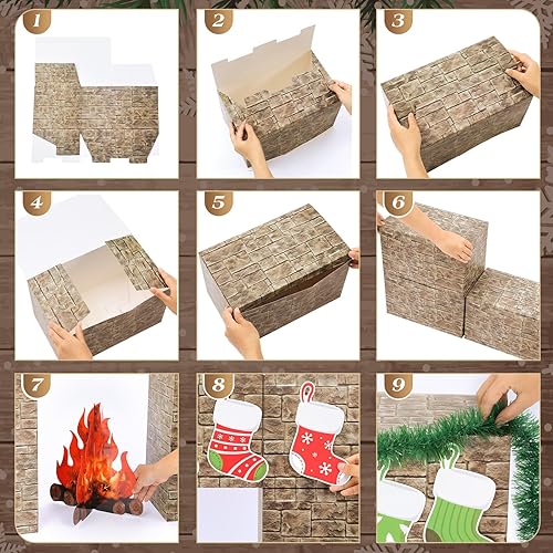 Miniatura 4 de 34 chimeneas de cartón de Navidad 3D de 39 x 59 pulgadas, chimenea artificial de Navidad con medias de llama de fuego 3D, guirnalda de pino, telón