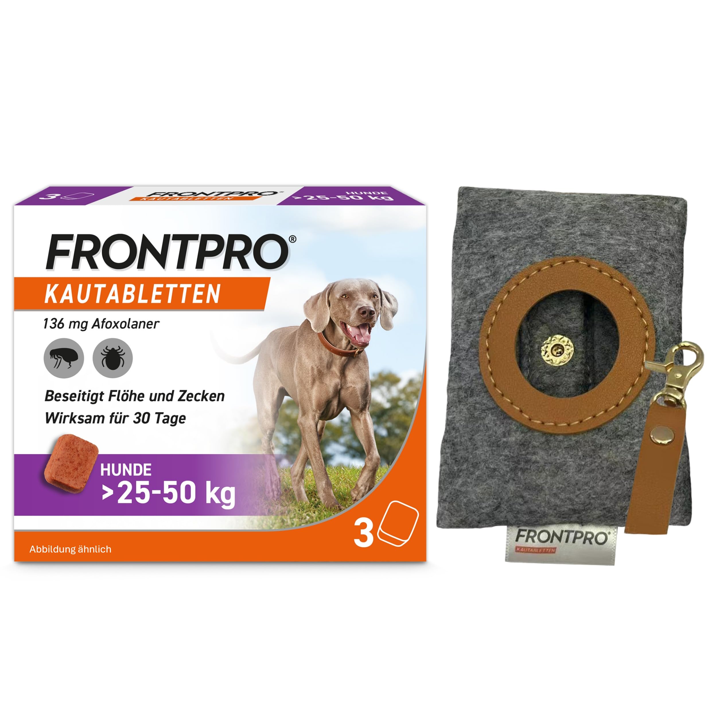 FRONTPRO Hund XL - Kautablette gegen Zecken & Flöhe (Hunde 25 bis 50 kg) | 3x Kautabletten für 3 Monate Schutz + Kotbeutelspender - schmeckt einfach mit oder ohne Futter - für große Hunde