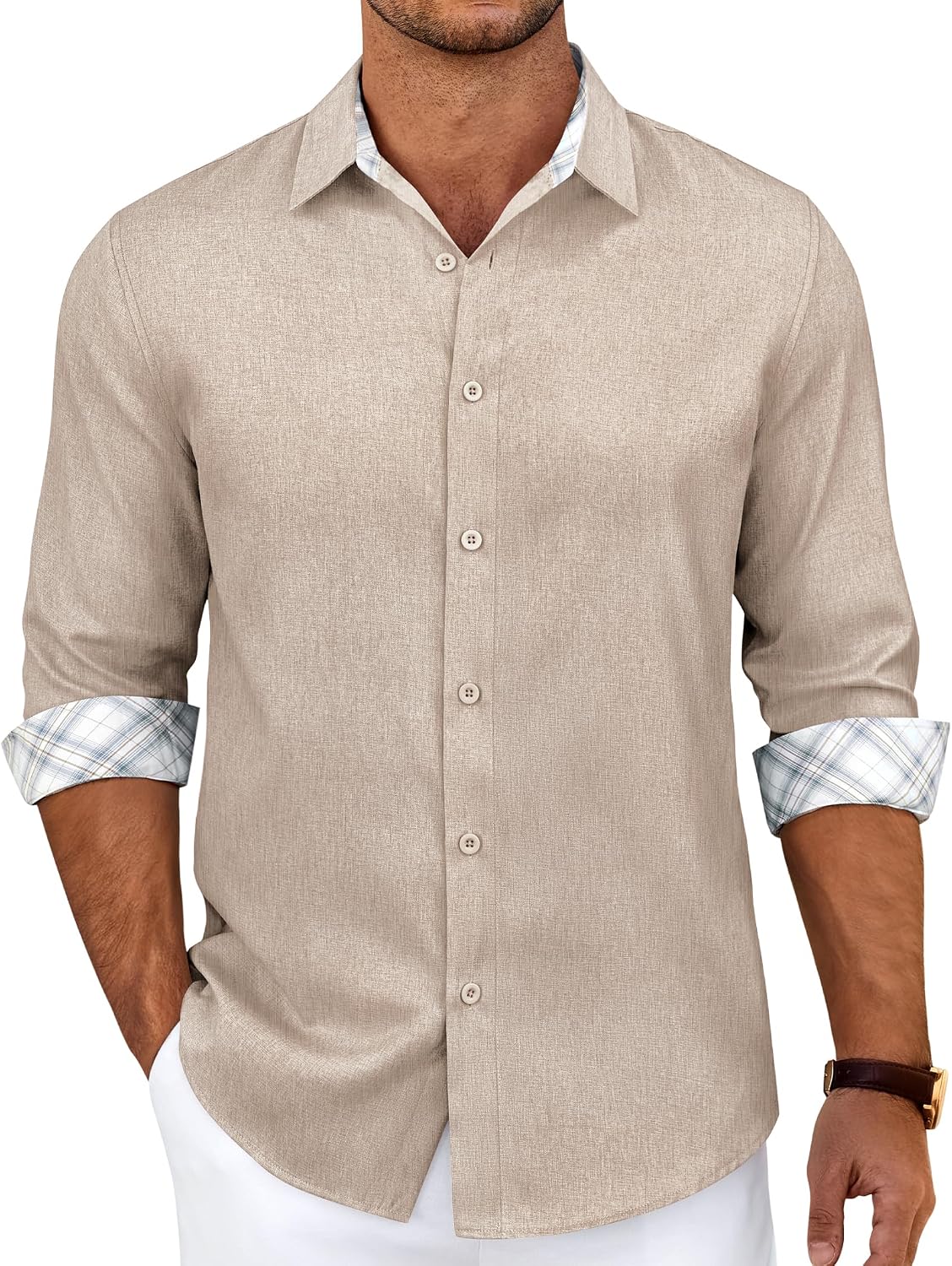 Mens Linen Shirt Long Sleeve Button Down Casual Untucked Shirt Regular Fit Wedding Fashion Linen Textured Shirts