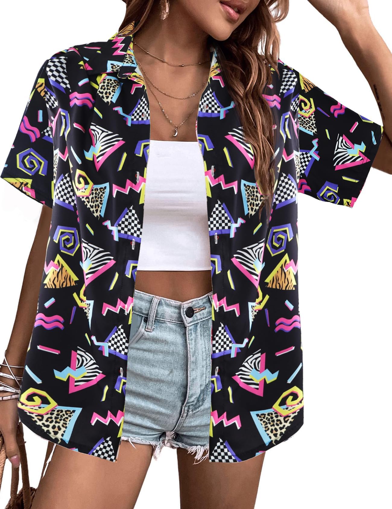 80s 90s Shirts for Women Retro Vintage Party Disco Outfits Neon Hawaiian Button Down Blouses Tees Tops