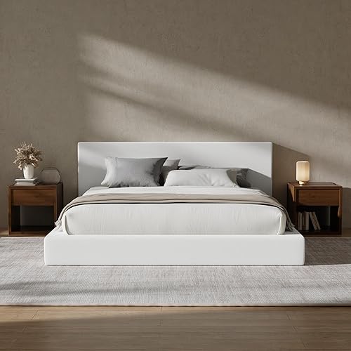 RECCI Cloud - Base de cama King tapizada con cabecero, plataforma acolchada de espuma de 5 pulgadas, sin somier, fácil montaje (blanco nieve)
