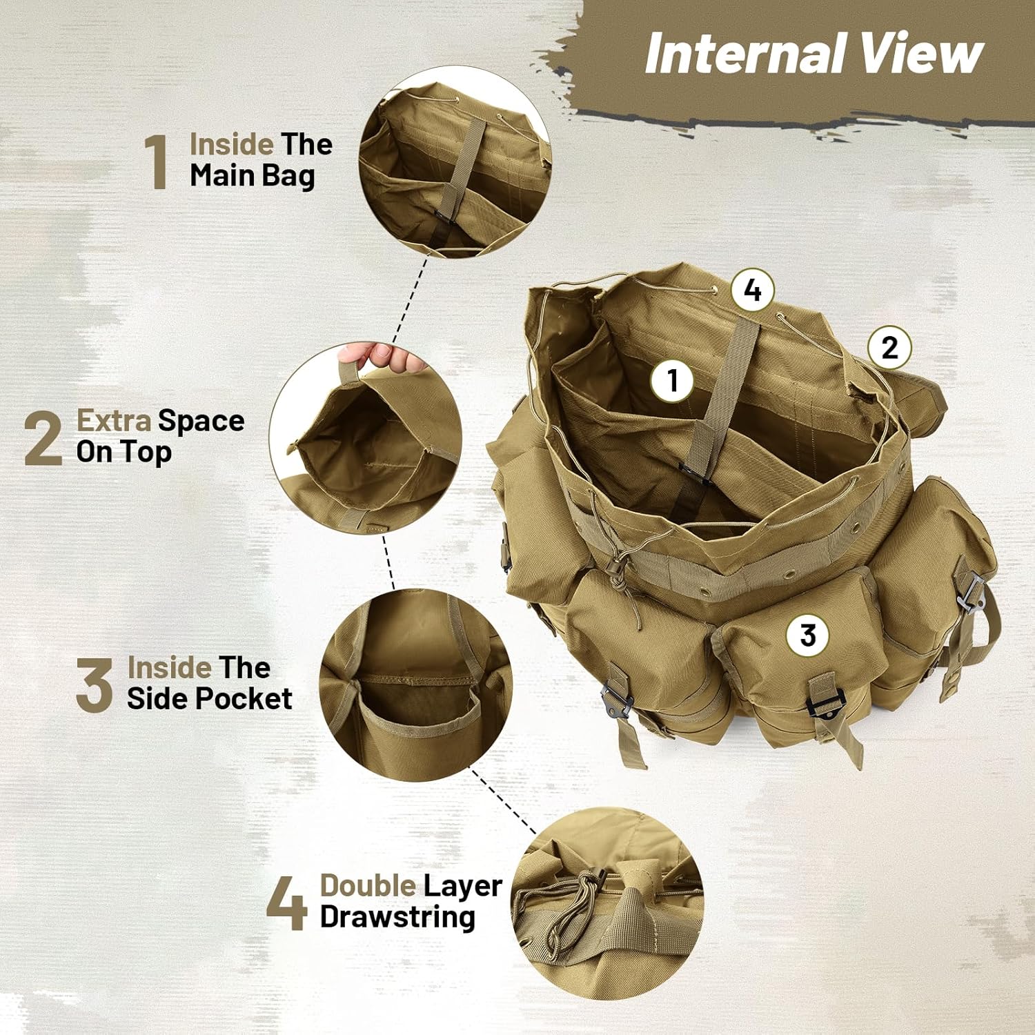 50L Military Alice Pack Army Survival Combat ALICE Rucksack Backpack for Men & Women for Camping, Hiking, Emergency Khaki