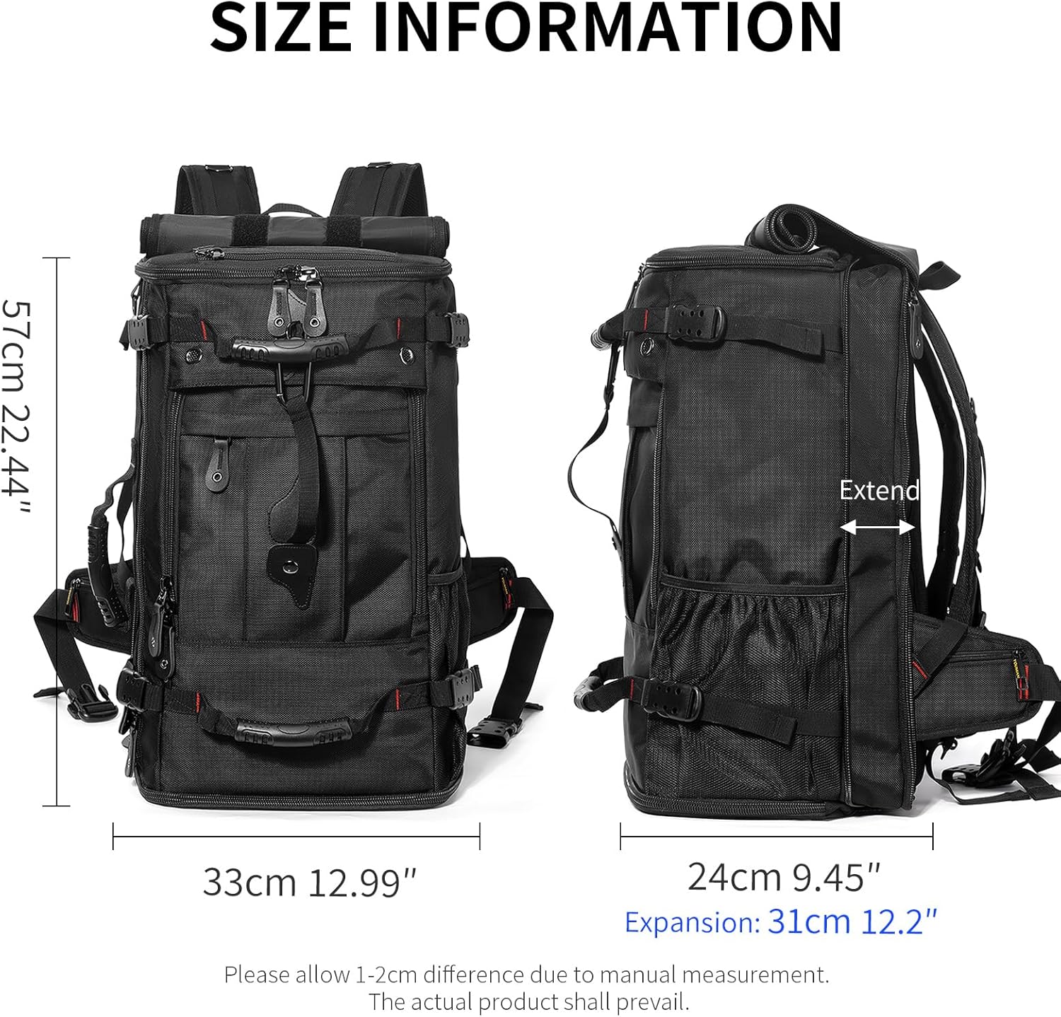 Large Capacity For Travel Hiking Sports Carry On Backpack Durable Convertible Duffle Bag Laptop airplane (Black, 60L-Large DualMainOpening)