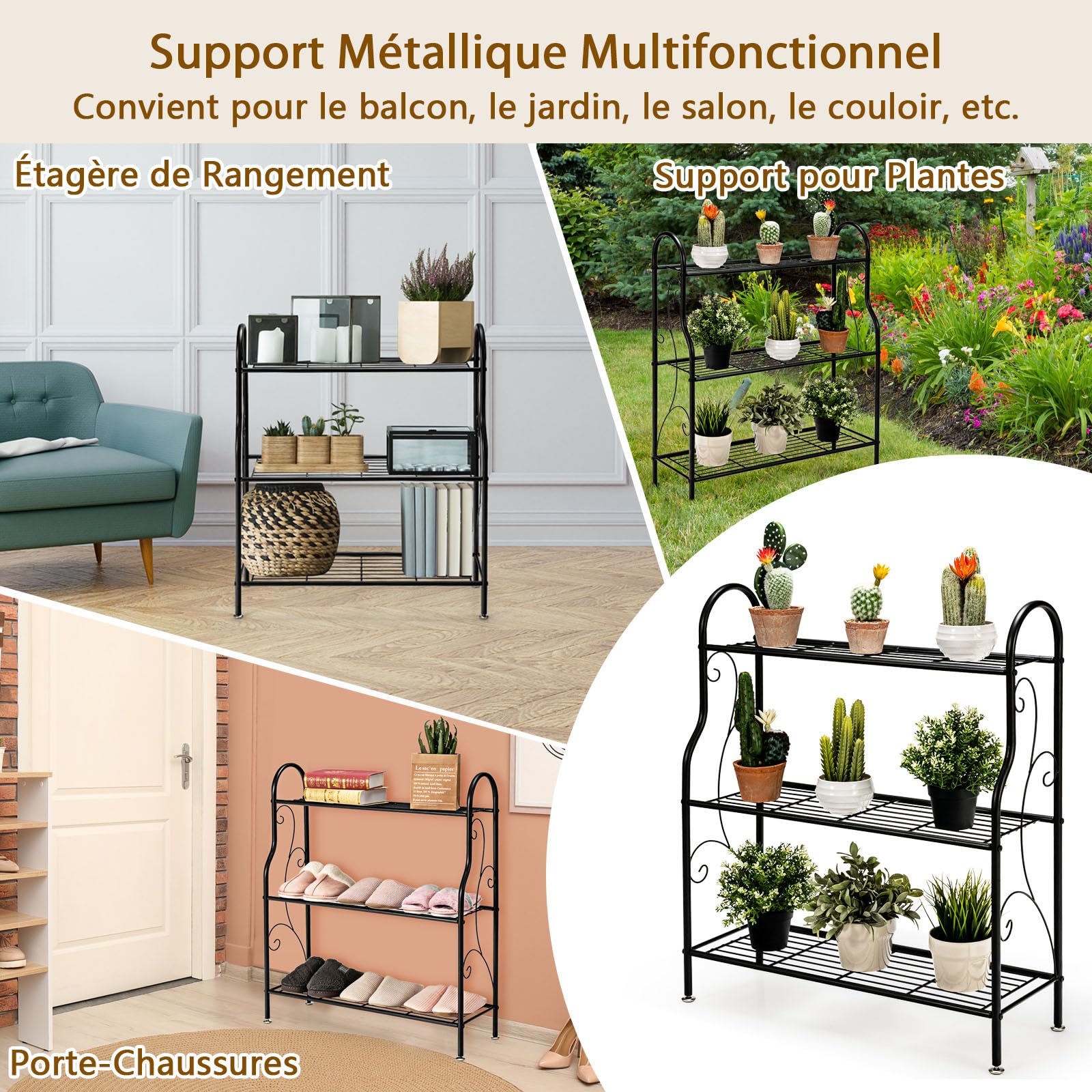 GOPLUS 3 Niveaux Support pour Plantes en Métal, Étagères Ouvertes et Pieds Réglables, Étagère en Fer Imperméable pour Utilisation Intérieure et Extérieure, Noir