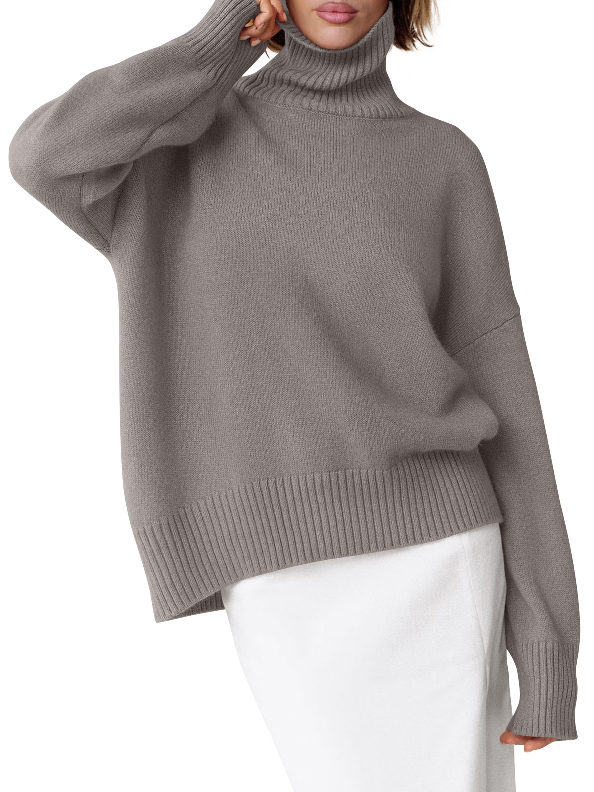 Womens Turtleneck Sweaters Oversized Chunky Long Sleeve Knit High Low Hem Pullover Top 2026 Fall Winter Fashion, Grey Khaki, Medium-image-20