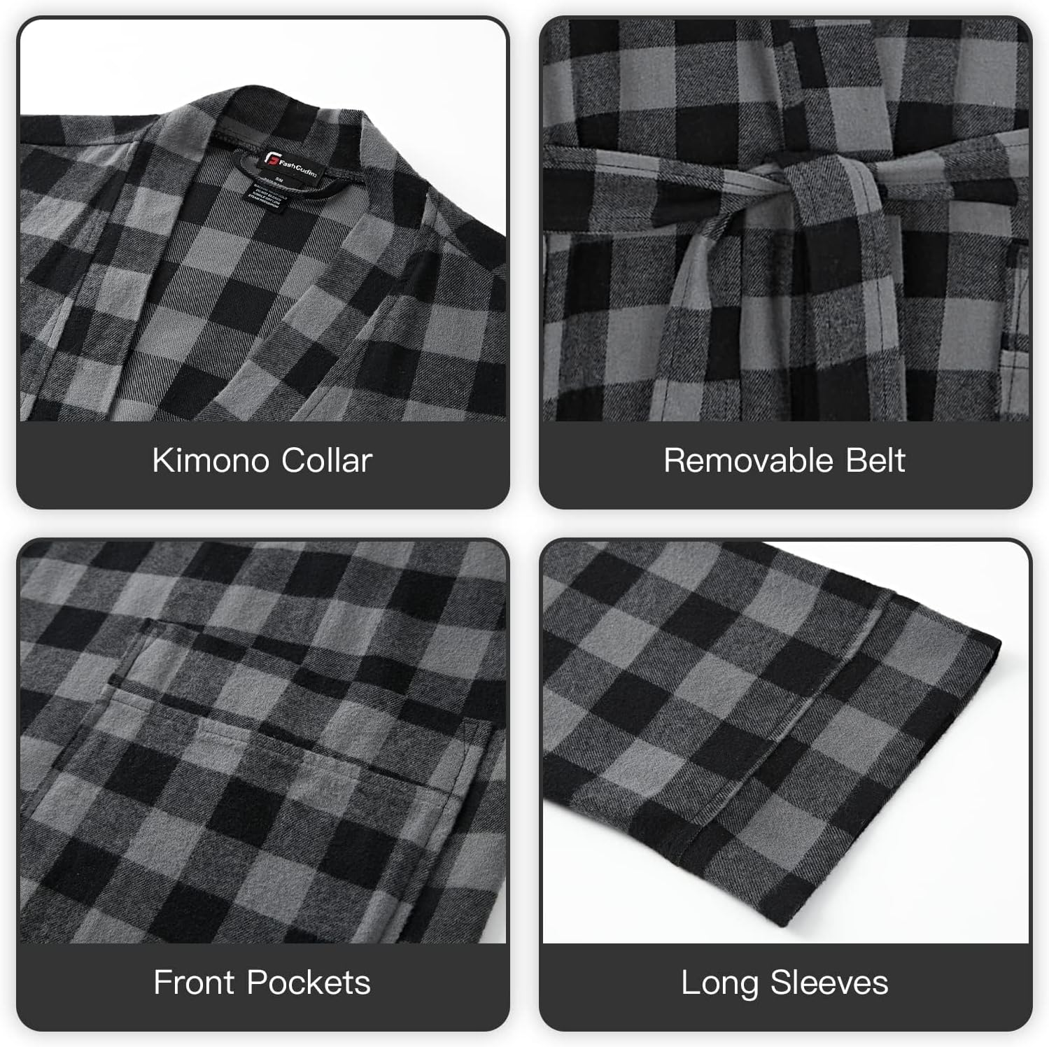 FashGudim Mens Buffalo Plaid 100% Cotton Flannel Shawl Collar Robe Lightweight Full Length Bathrobe Loungewear House Robes - Image 2