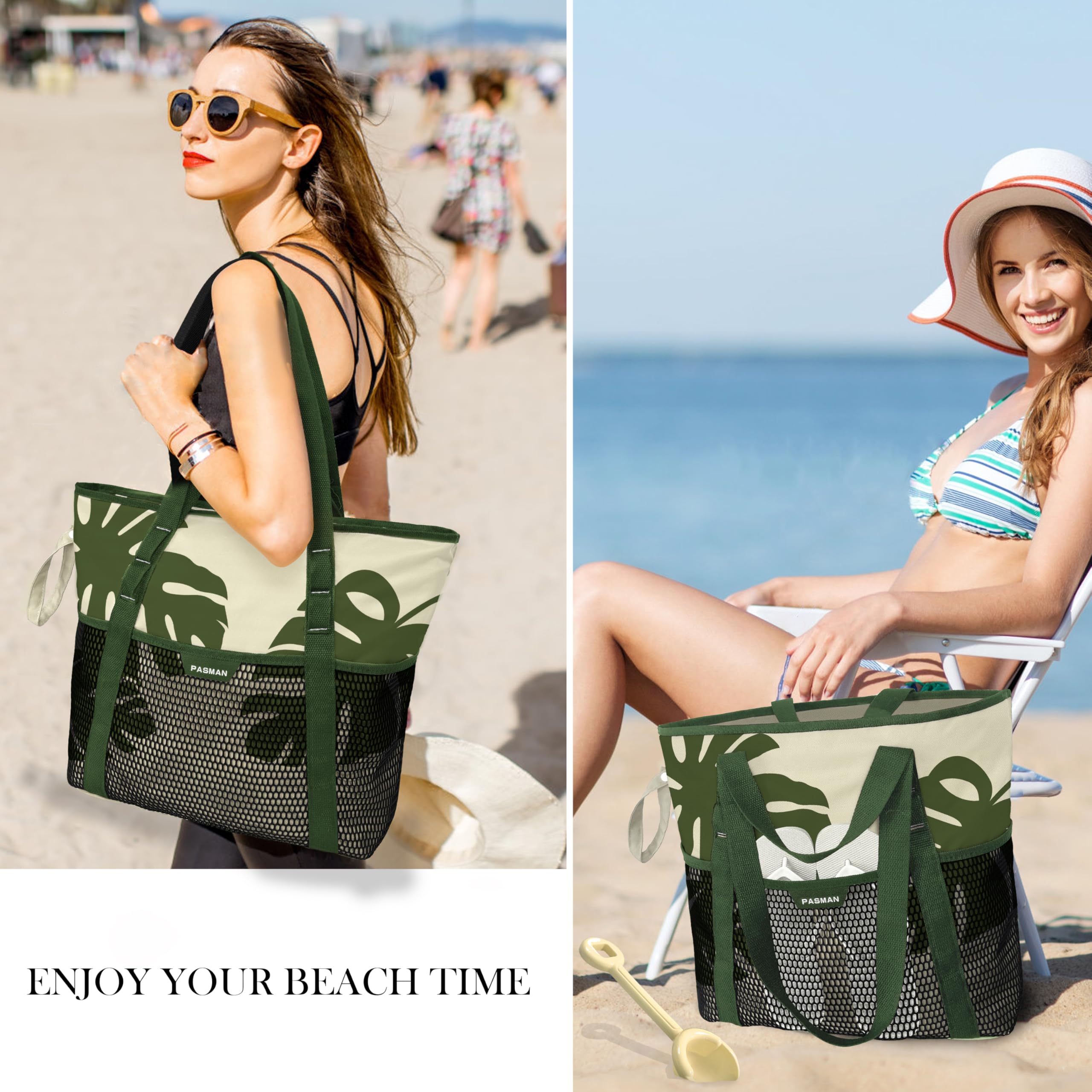 PASMAN Beach Bag with Zipper - 8 Pockets Sandproof Beach Tote Bag for Women,Foldable Lightweight Family Swim Bag Vacation (greener)