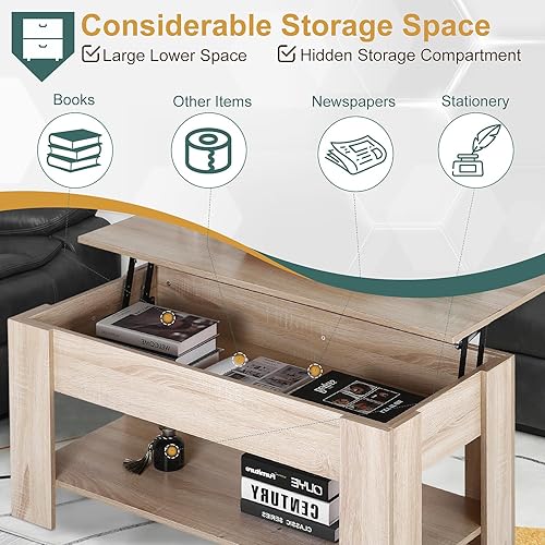 Miniatura 4 de PayLessHere Mesa auxiliar elevable con compartimento oculto y estante de almacenamiento, mesa de comedor de madera para sala de estar, hogar,