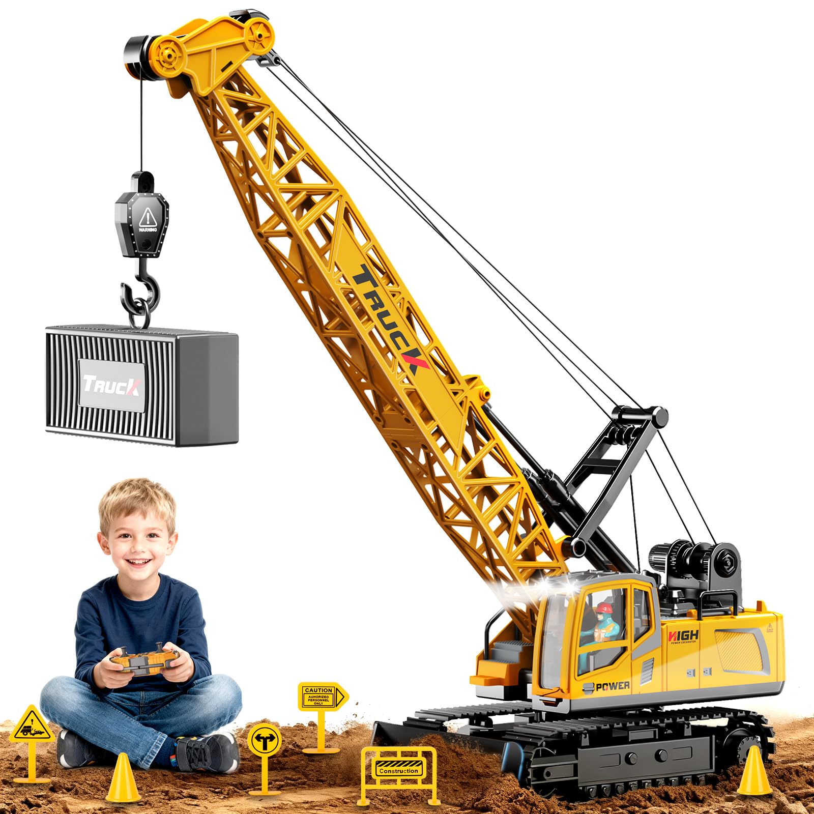 1:16 Gru Giocattolo per Bambini, 12 Canali Gru Telecomandata con Luci Effetti Sonori Spray, Grande Veicoli da Cantiere Gru RC Modello Regali per Bambini 6+ anni