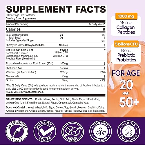 Miniatura 2 de Gomitas de colágeno para mujer, sin azúcar, péptidos de colágeno hidrolizados con prebióticos y probióticos, niacinamida, ácido hialurónico,