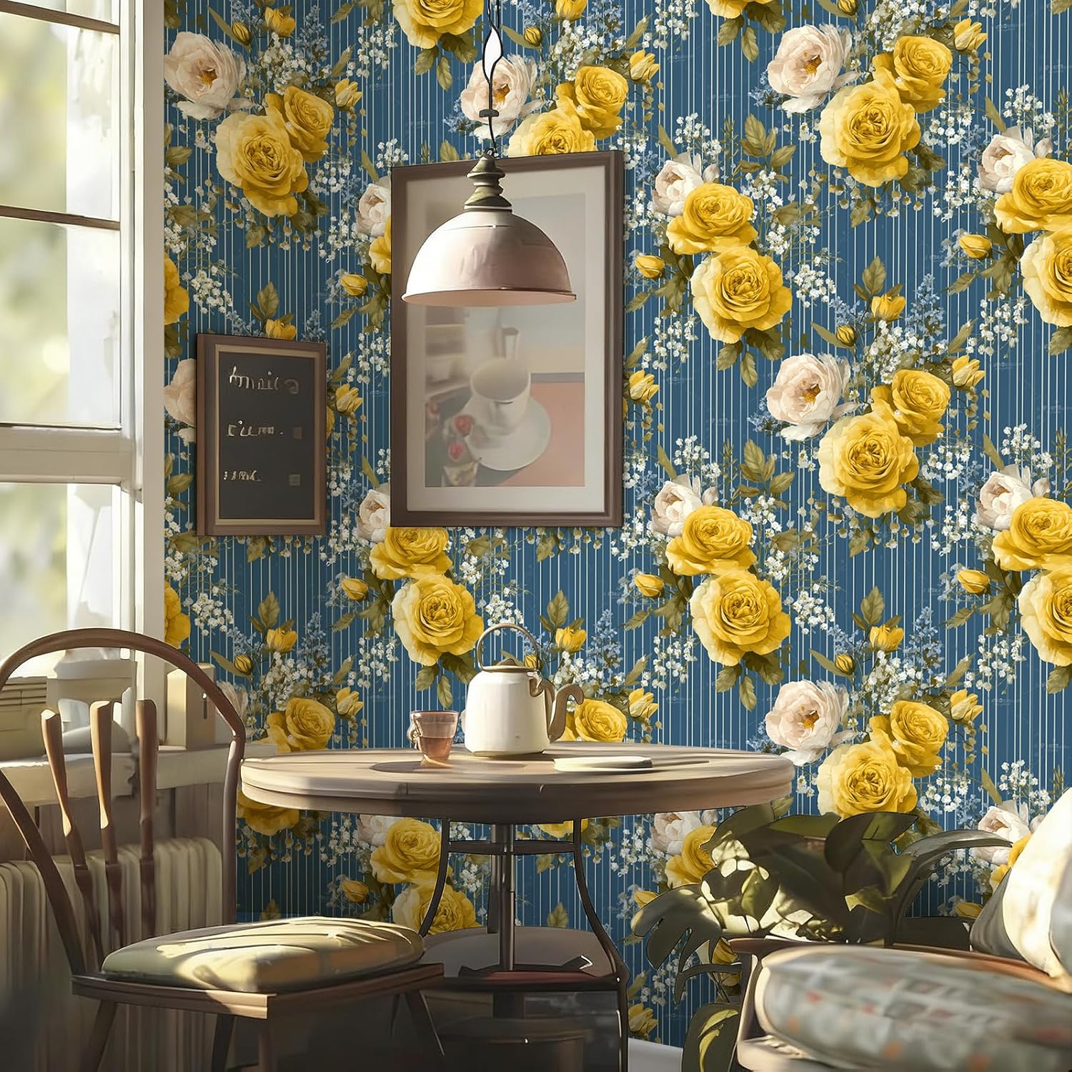 Stickorama Vintage Watercolor Floral Peel and Stick Wallpaper Self Adhesive 17.72" x 236.2'' Yellow Rose Blue Striped Wall Paper Renter Friendly Removable Waterproof for Living Room Bedroom