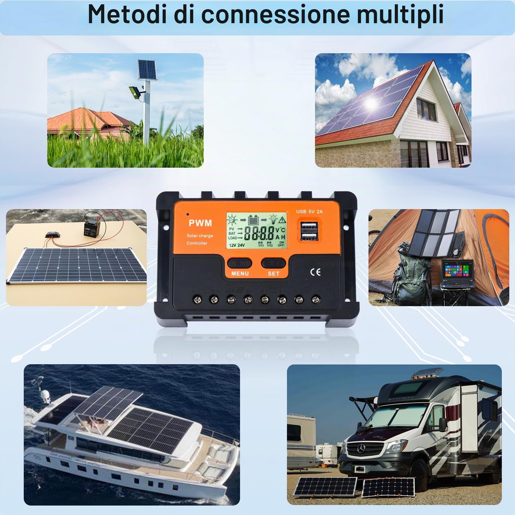 60A Regolatore di Carica Solare 12V 24V 48V Identificazione Automatica PWM 30A Intelligente Regolatore di Carica con sensore temperatura 2porte USB Adatto 12V 24V 48V piombo al litio batteria