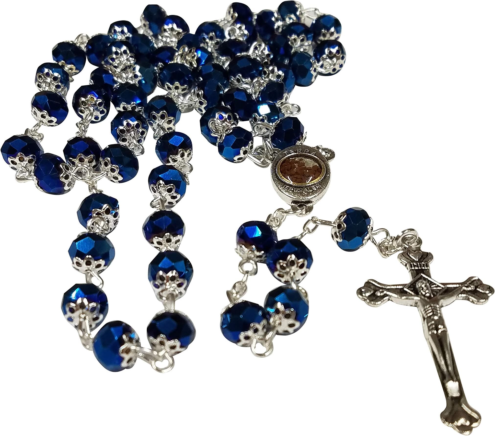 Deep Blue Glass Crystal Beads Rosary Necklace Holy Soil Medal Silver Plated New in Box