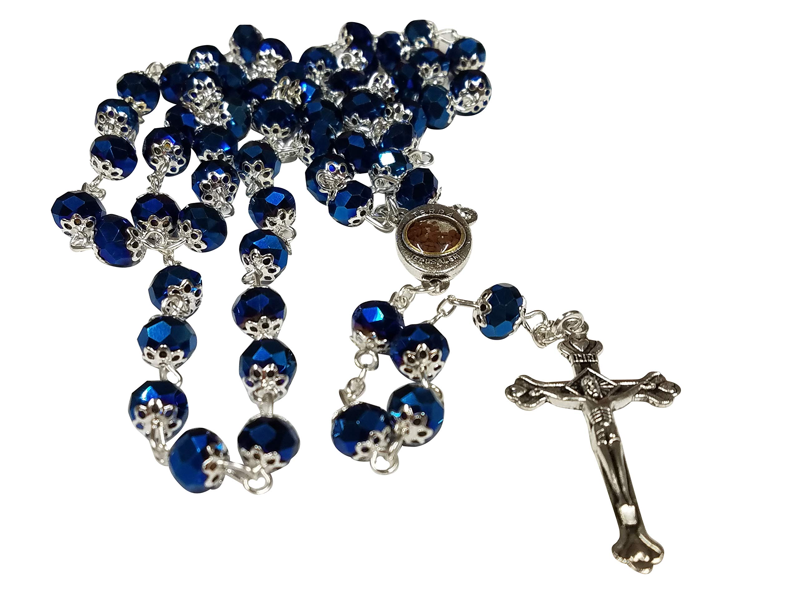 Jerusalem Rosaries Deep Blue Glass Crystal Beads Rosary Necklace Holy Soil Medal Silver Plated New In Box