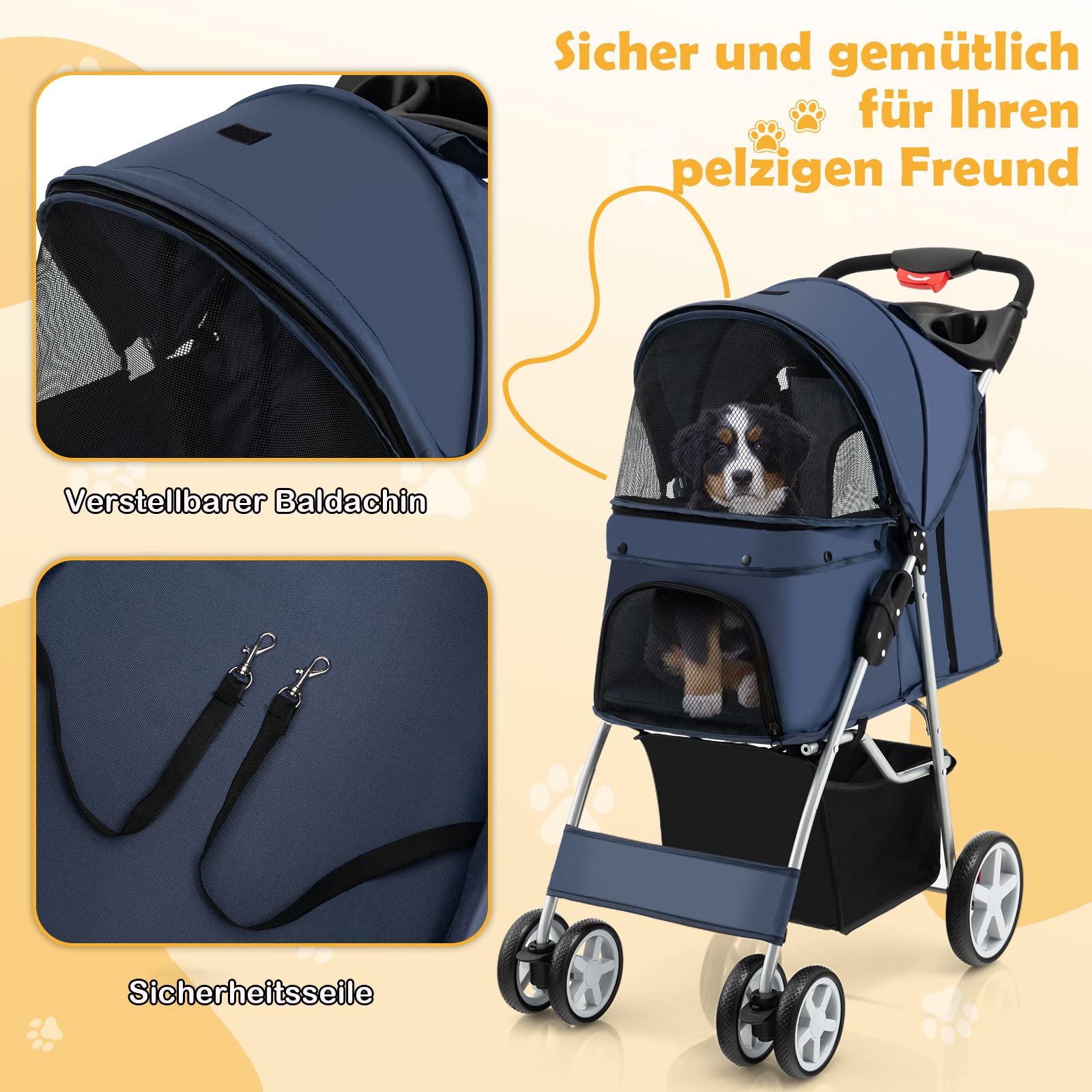 COSTWAY Hondenwagen, 2 etages, huisdieren, buggy tot 16 kg, hondenbuggy met netvensters en bekerhouder en aanhanger, kattenbuggy voor 2 kleine honden katten (grijs