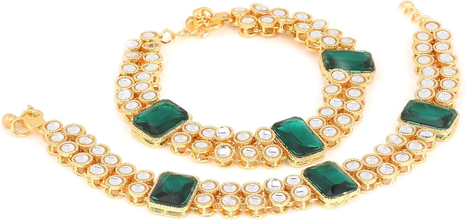 I Jewels Gold Plated Indian Wedding Bollywood Bridal Anklets Payal Embellished with Green Stones & Faux Kundans for Women/(A016)