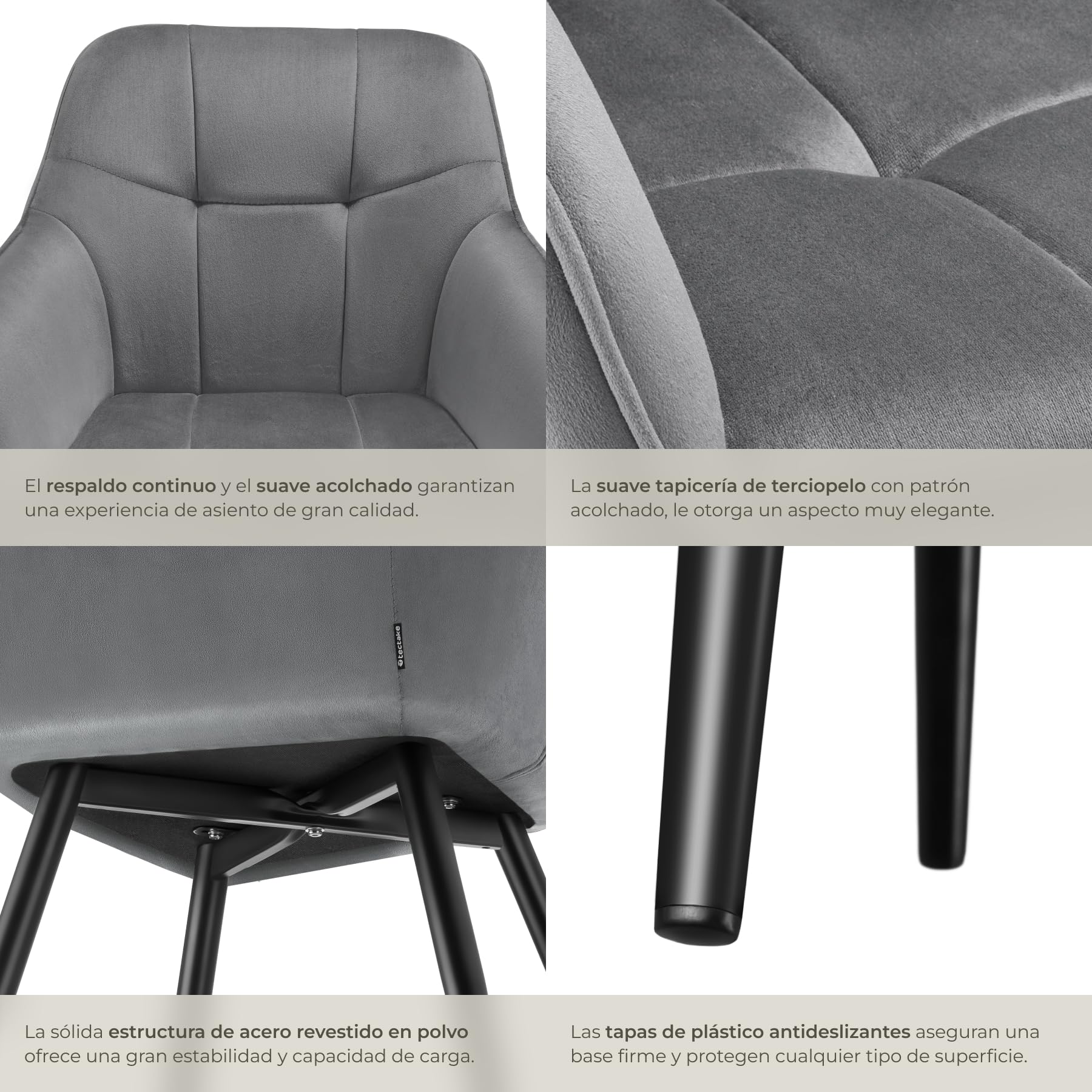 tectake® Silla de Comedor con Tapizado Aterciopelado Acolchado, Silla de Cocina Elegante y Moderna, Patas de Acero, Fácil Limpieza, Ideal Silla Salón, Tocador, Dormitorio - 1 Silla Gris/Negro
