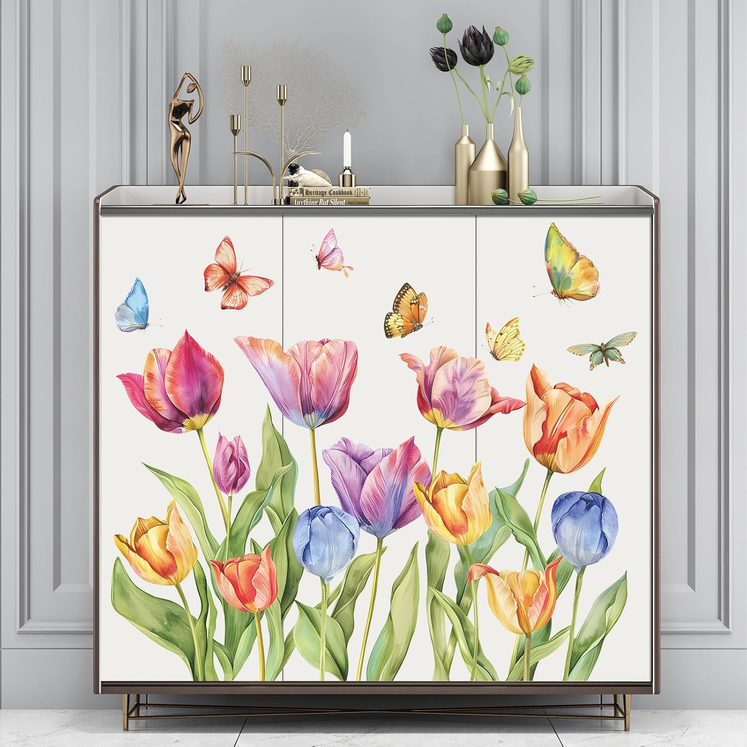 2 Sheets Removable Colorful Flowers Wall Decal Large Tulip Flowers Wall Decals DIY Vinyl Self Adhesive Watercolor Butterfly Wall Mural for Girls Bedroom Living Room TV Wall Art Decor
