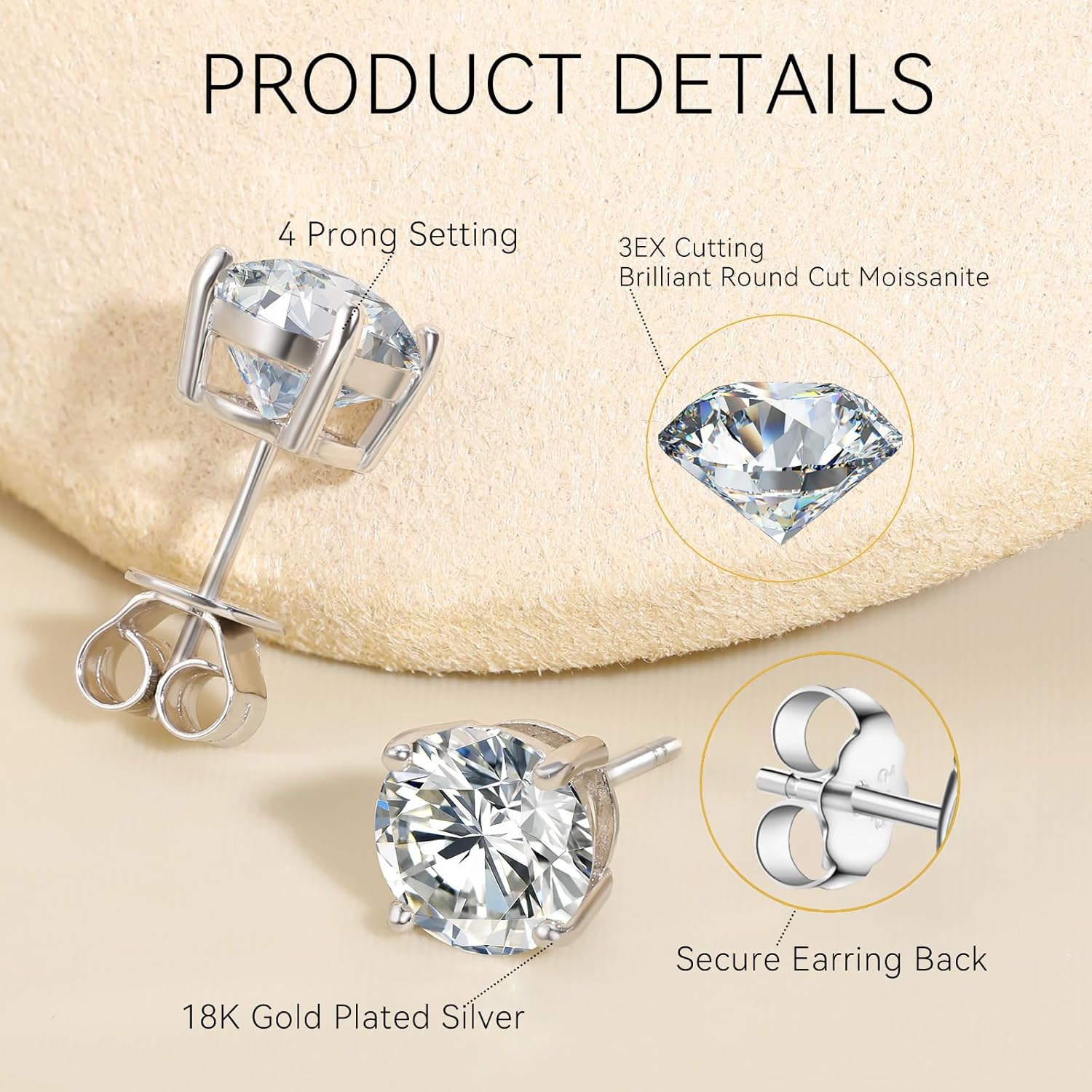 Moissanite Stud Earrings for Women, 0.2CT-8.0CT a Pair 18K White Yellow Gold Vermeil S925 Sterling Silver Hypoallergenic Stud Earrings Anniversary Day Valentines Gifts for Women Men - Image 6