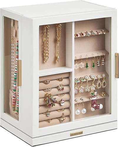 Joyero giratorio de 360 con 5 cajones, espacioso organizador vertical de joyas con ventana de cristal, estuche de almacenamiento de joyas, diseño a