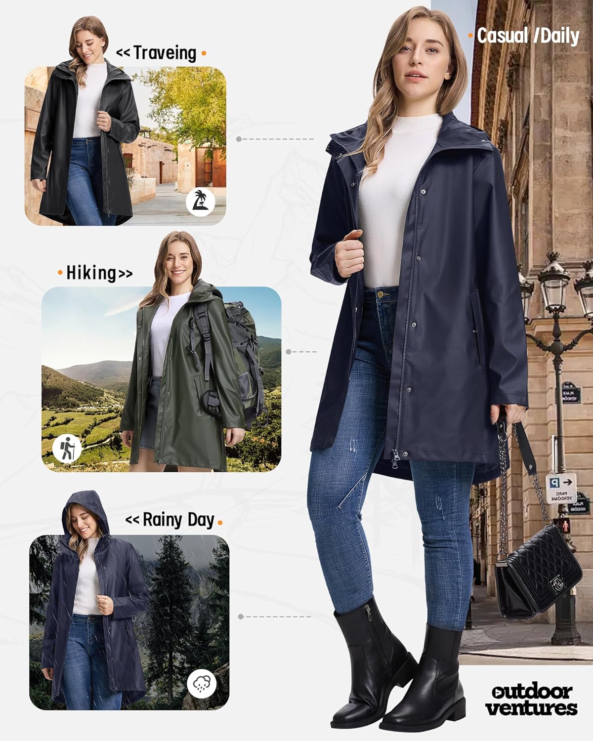 Outdoor Ventures Women's Waterproof Long Rain Jackets Lightweight Rain Coats with Hood Trench Coats PU Windbreaker - Image 7