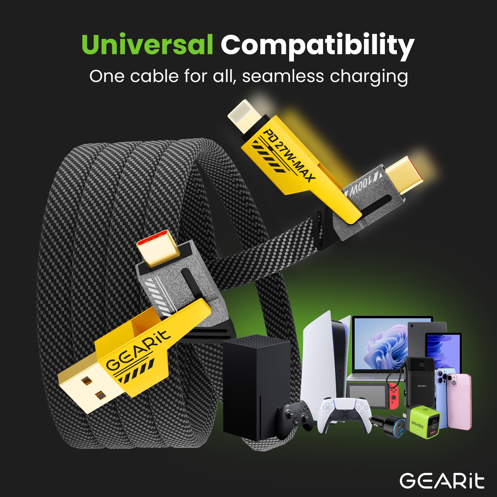 GEARit Câble de charge 4 en 1 100 W – Câble plat USB-C vers USB-C à charge rapide avec connecteurs USB-A et Lightning – Cordon universel multi-appareils – Compatible avec iPhone, MacBook Pro, 1 m