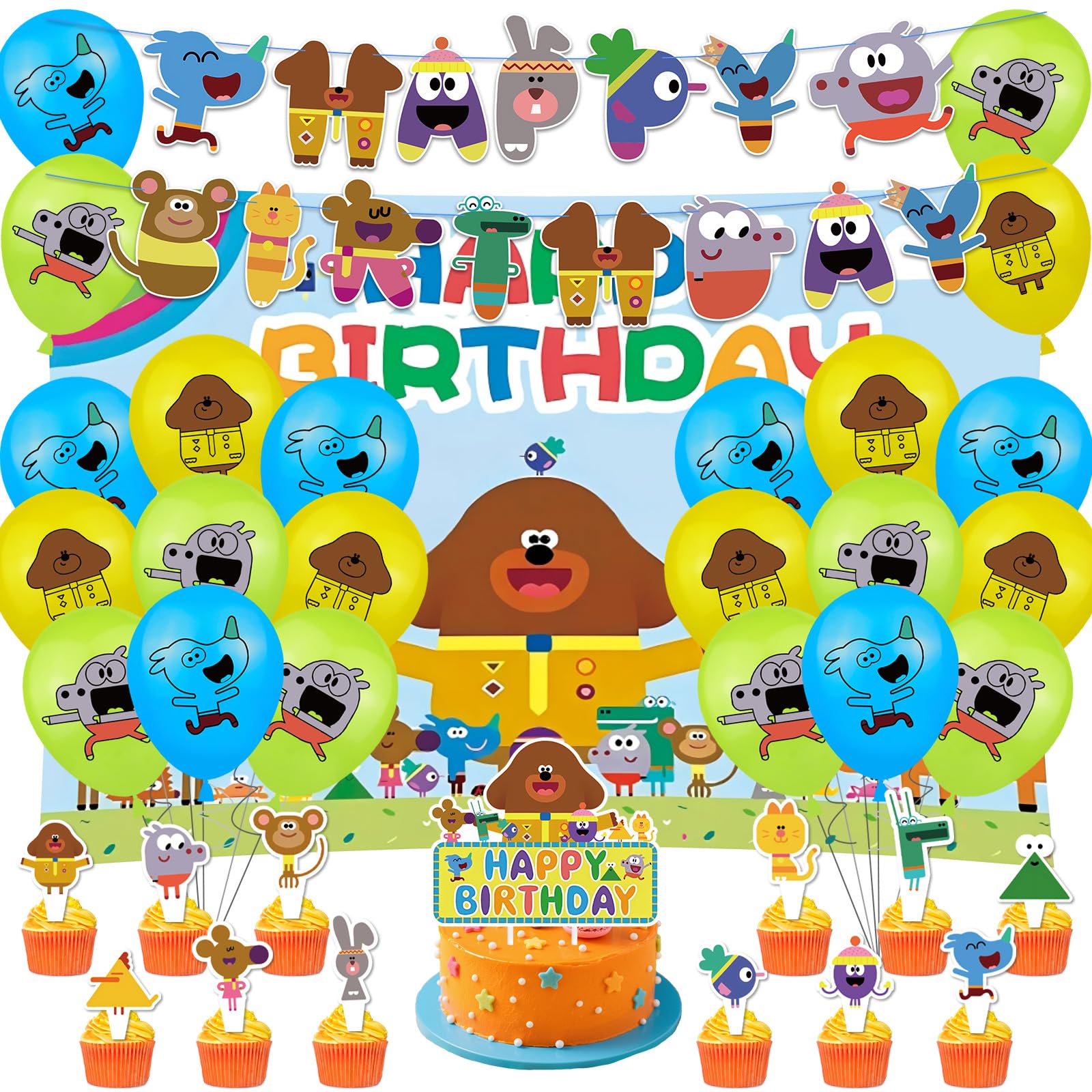 Balloon Duggee Birthday Decorations for Boys Girls- Hey Dugg-ee Party Decorations with Happy Birthday Banner Ballons Birthday Photography Backdrop Cake Toppers for Theme Party Supplies Decoration