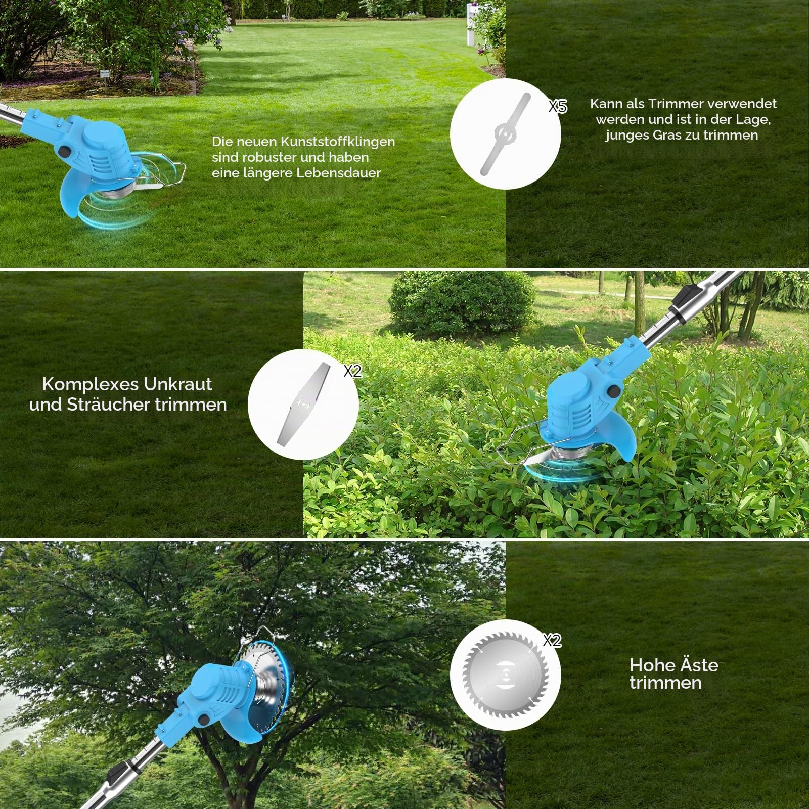 Akku Rasentrimmer 21V, Elektrischer Grasschneider Faltbar mit Teleskopstange, 380W, 7800 RPM, Schnittbreite 15cm, 20-50min Laufzeit, Leise, Kantenschneider für Garten Rasen Hof Unkraut (2 Batterien)