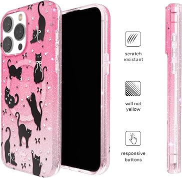 iPhone 15 Pro Max用ベルベットキャビア ケース - MagSafe対応 - 3m落下試験済み - ハロウィン電話ケース - 黒猫グリッター