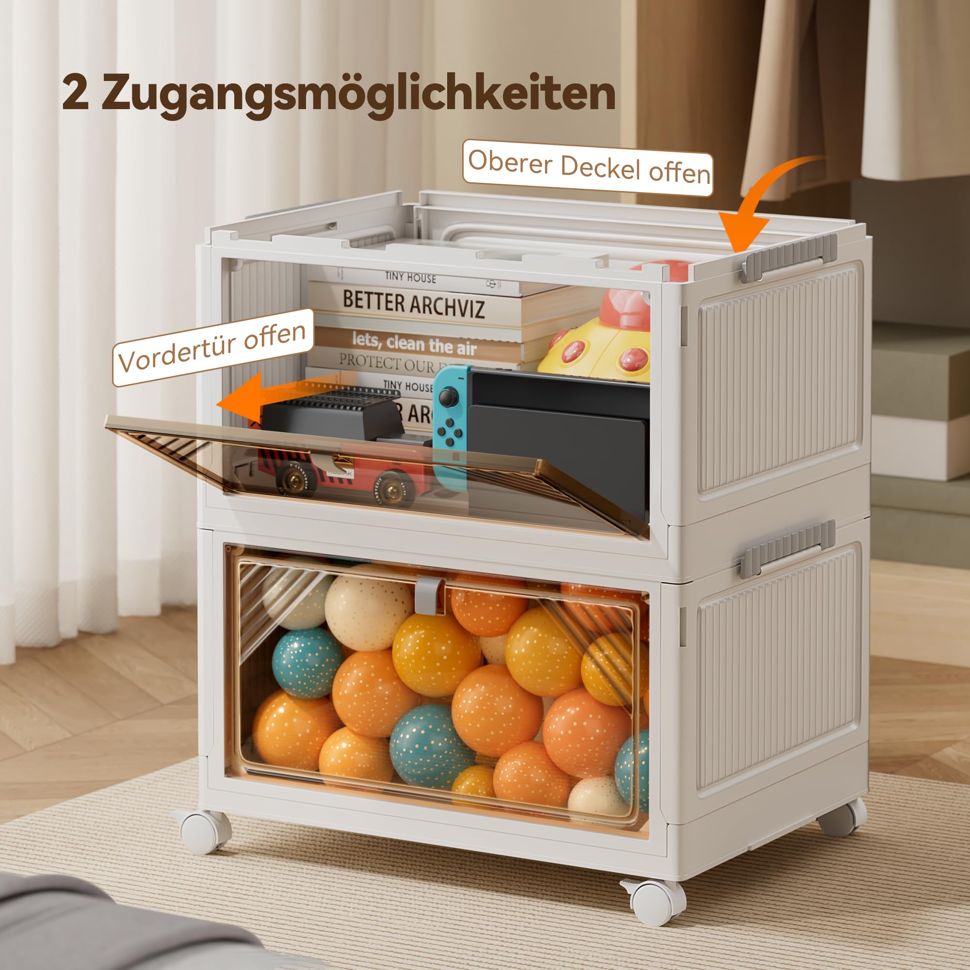 BTGGG 4 Tier Aufbewahrungsbox mit Deckel, 50L*4 Stapelboxen Kisten Aufbewahrung mit Deckel, Kunststoff-Aufbewahrungsbox Faltbare Aufbewahrungsbehälter mit Rollen und Türen, Storage Boxes Organizer