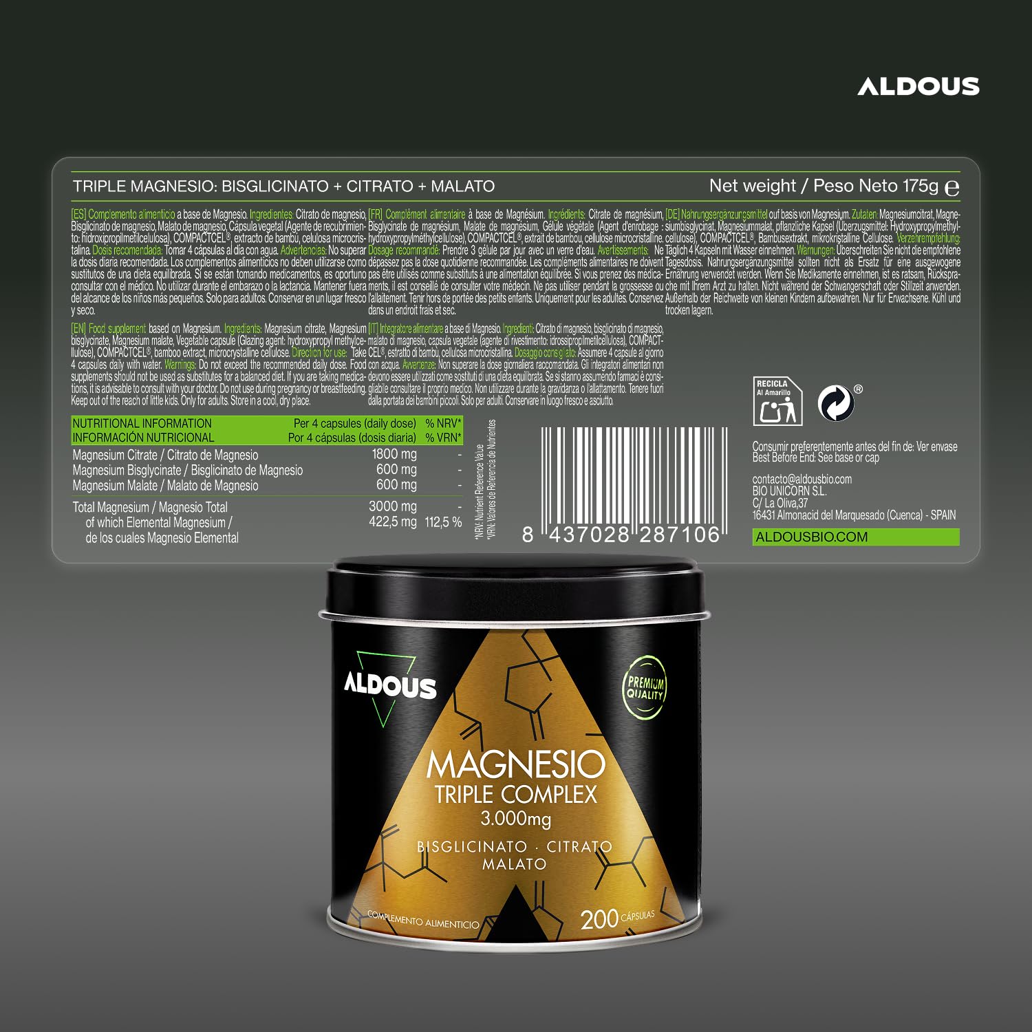 Magnesio Complex - 3000mg - Triple Magnesio Bisglicinato, Citrato y Malato - 200 Cápsulas - 422,5mg Elemental por Dosis - Alta Biodisponibilidad - Rendimiento, Energía, Bienestar - ALDOUS
