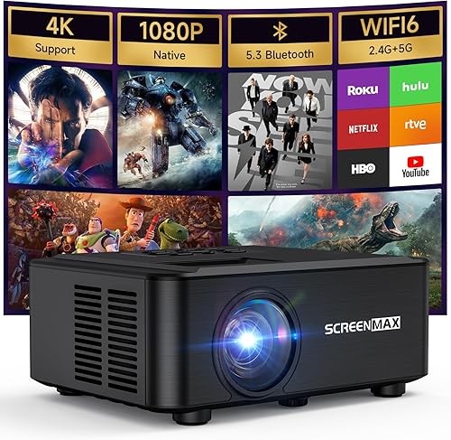 Proyector con WIFI y Bluetooth, proyector Bluetooth nativo 1080P, proyector de película portátil Full HD para exteriores con altavoz integrado,