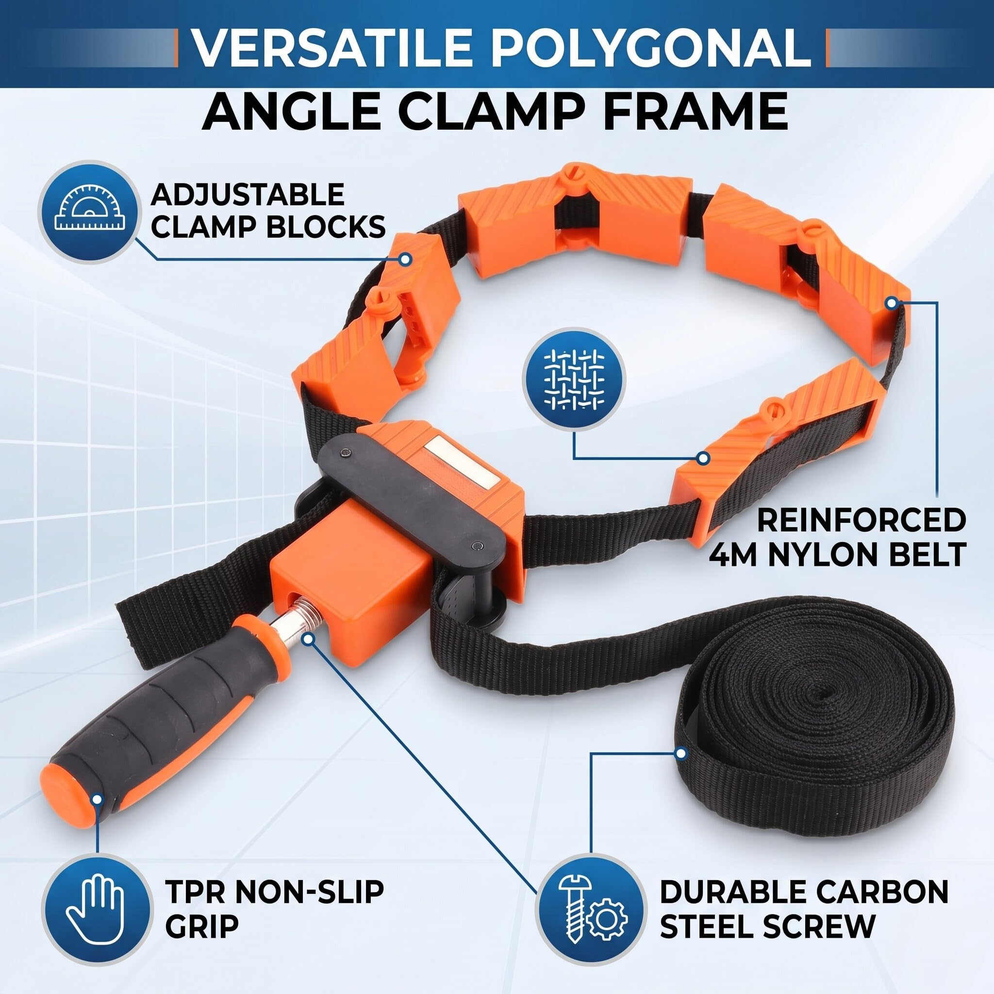Estink Sangle de Serrage Multifonctionnelle, Bande d'angles en Nylon, 4M, Orange, pour Encadrement de Photos et Bois